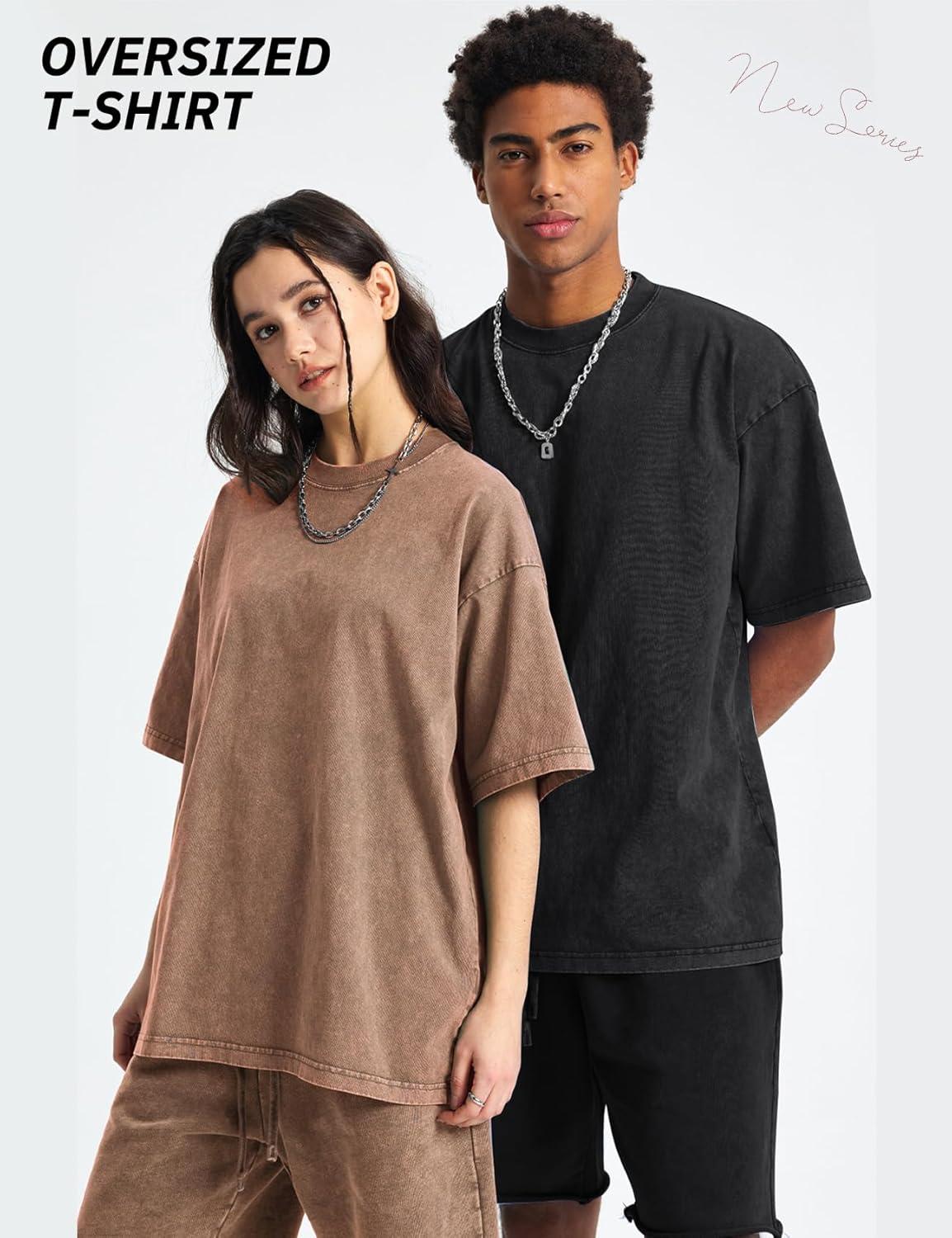 Arssm Mens Oversized T Shirts Cotton Acid Wash T-Shirts Baggy Vintage Tees Loose Fit Heavyweight Streetwear Tops(Black+khaki-beige)