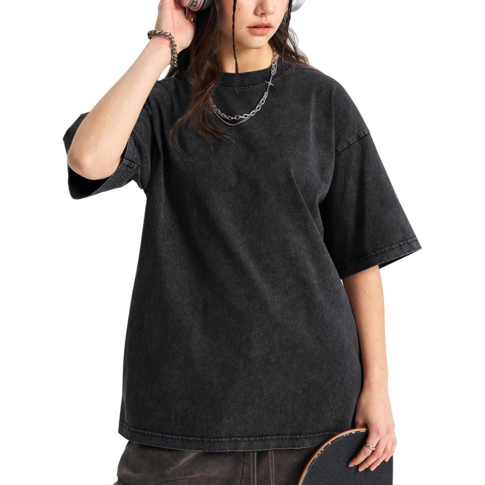 Arssm Women Oversized T Shirts Acid Washed Cotton Tees Vintage Baggy Loose Fit Streetwear Workout Tops(Black)
