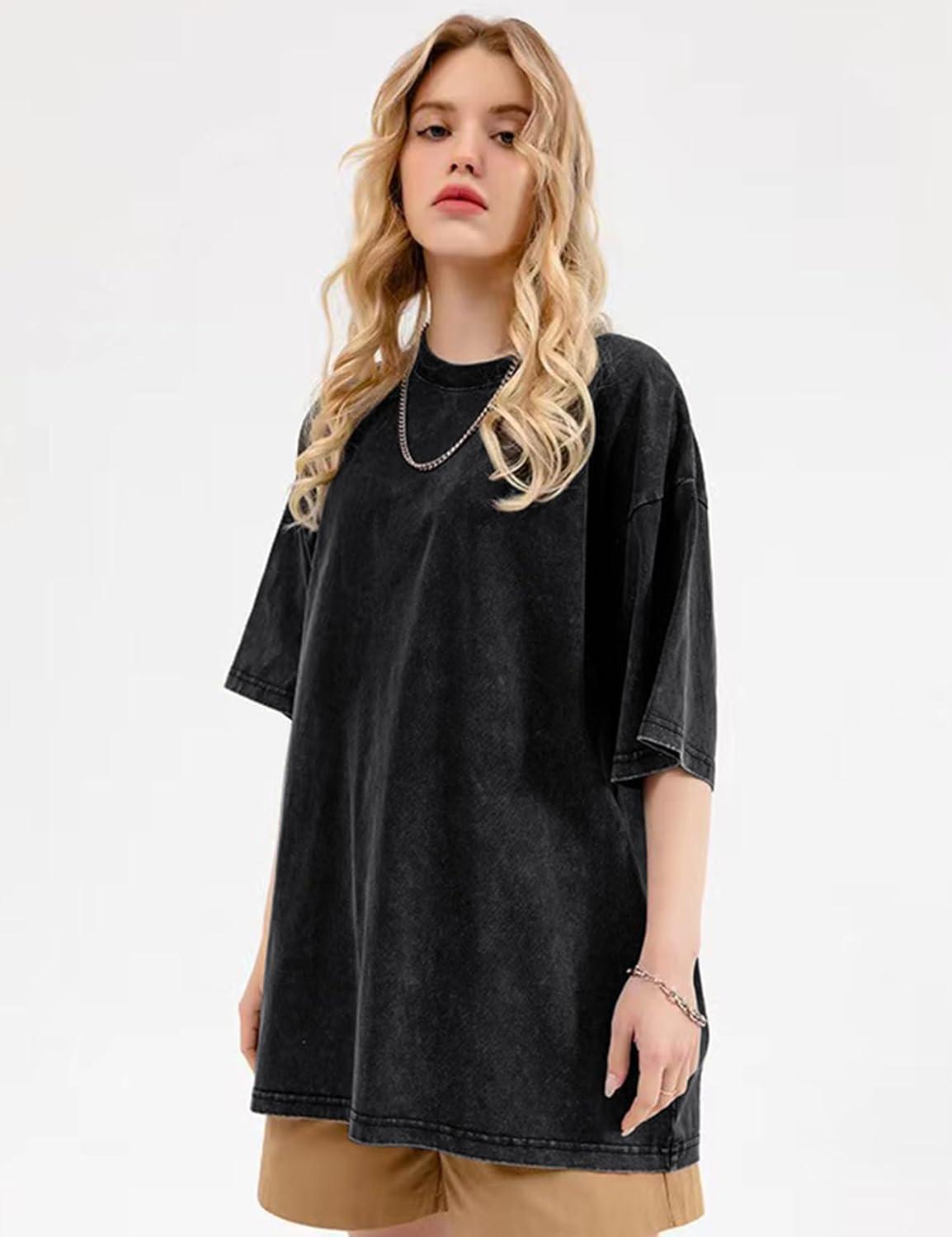 Arssm Women Oversized T Shirts Acid Washed Cotton Tees Vintage Baggy Loose Fit Streetwear Workout Tops(Black)