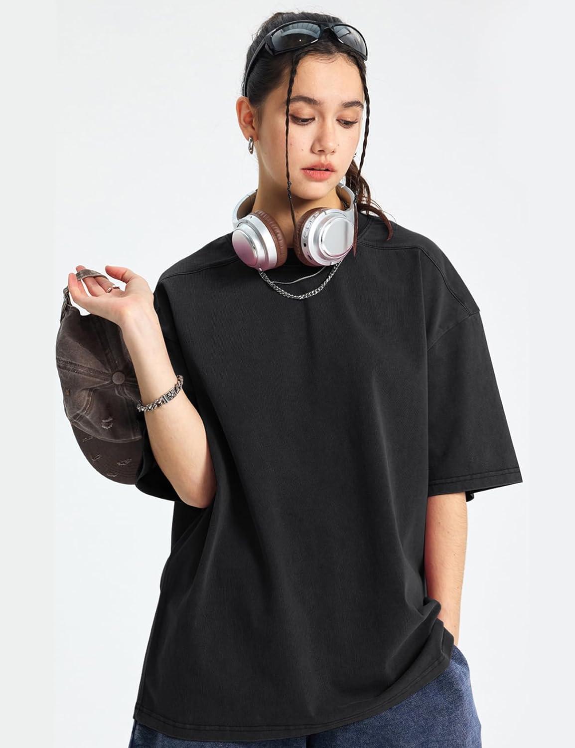 Arssm Women Oversized T Shirts Acid Washed Cotton Tees Vintage Baggy Loose Fit Streetwear Workout Tops(Black)