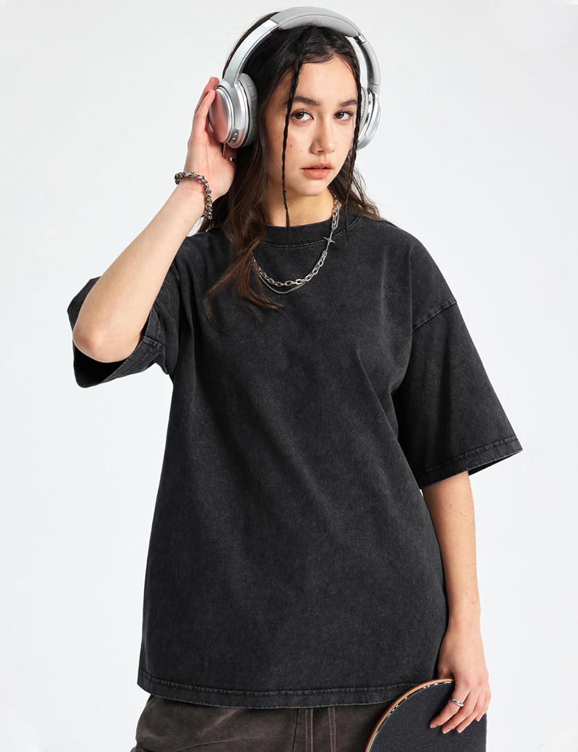 Arssm Women Oversized T Shirts Acid Washed Cotton Tees Vintage Baggy Loose Fit Streetwear Workout Tops(Black)