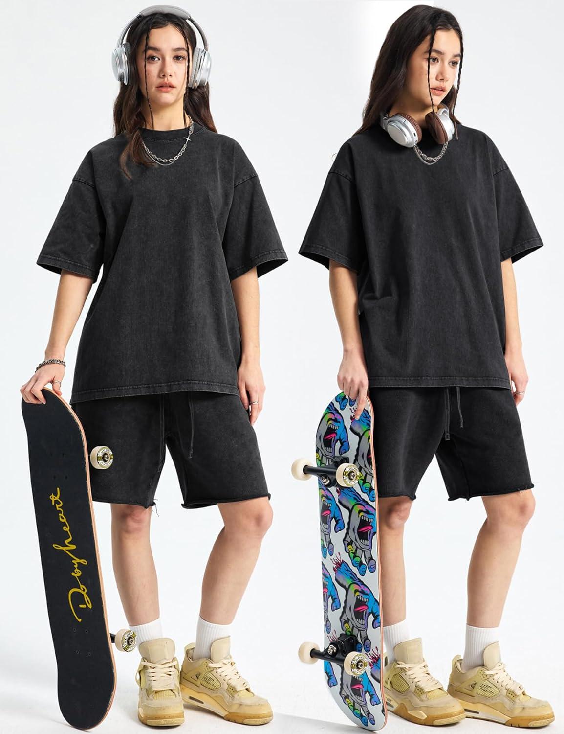 Arssm Women Oversized T Shirts Acid Washed Cotton Tees Vintage Baggy Loose Fit Streetwear Workout Tops(Black)