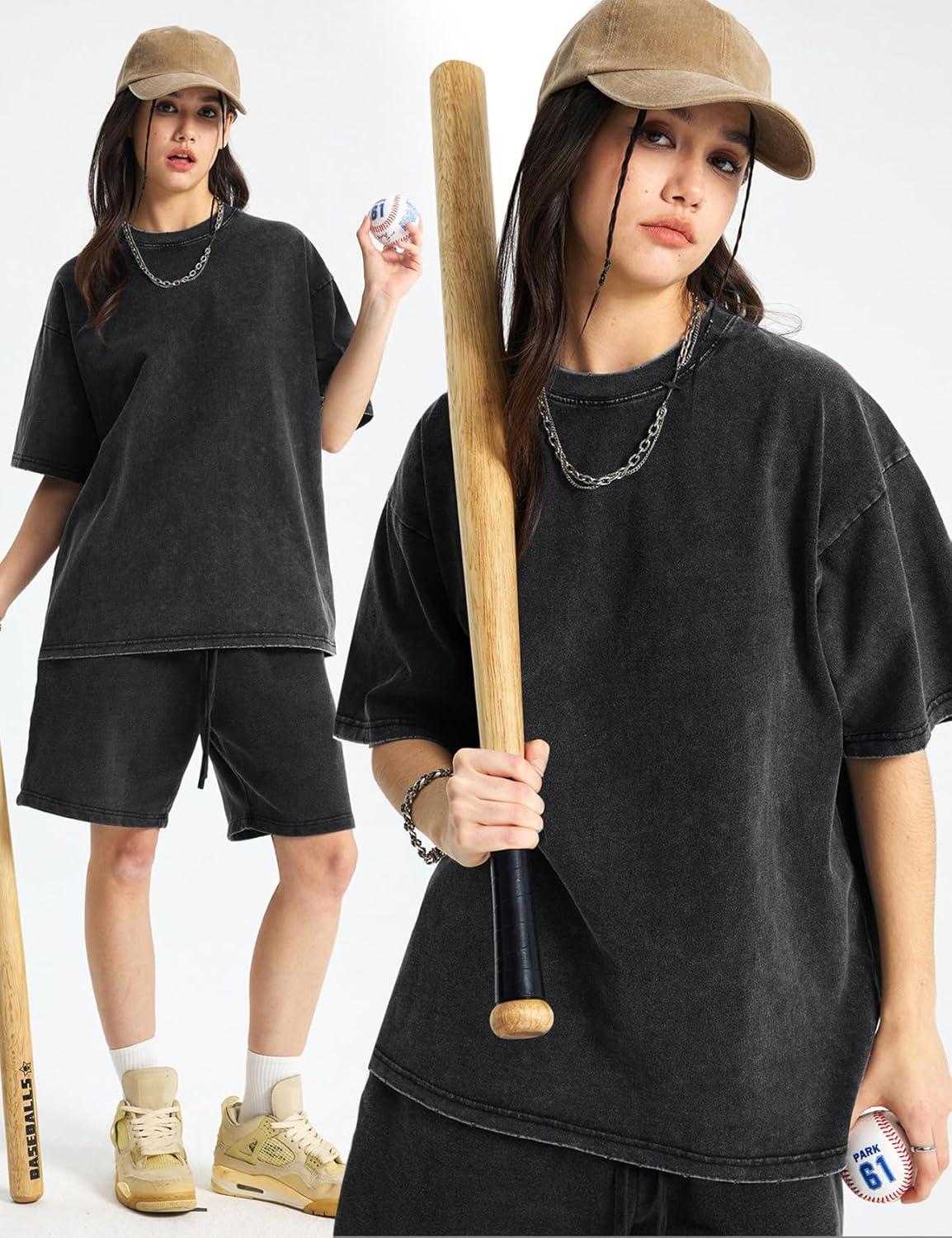 Arssm Women Oversized T Shirts Acid Washed Cotton Tees Vintage Baggy Loose Fit Streetwear Workout Tops(Black)