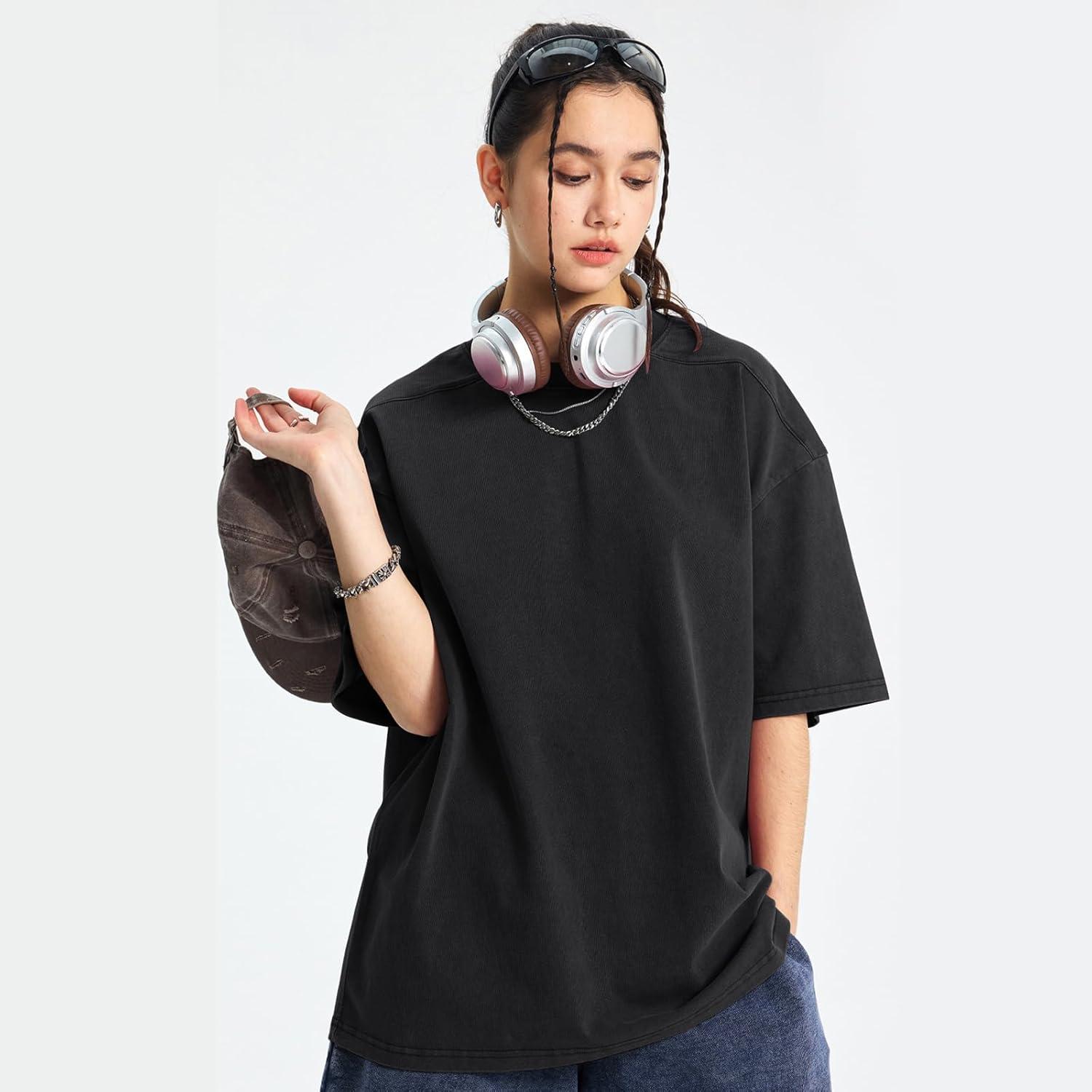 Arssm Women Oversized T Shirts Acid Washed Cotton Tees Vintage Baggy Loose Fit Streetwear Workout Tops(Black)