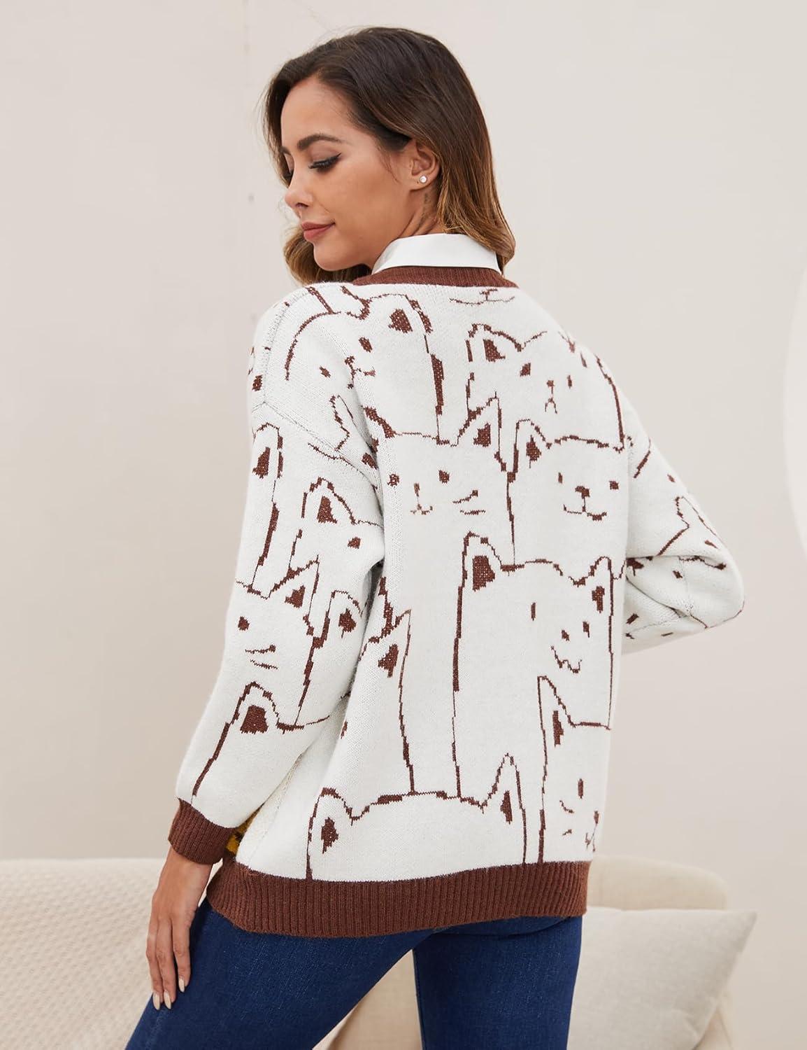 Arssm Cat Sweater for Women Oversized Button Down V Neck Knit Cardigan Cute Kawaii Cartoon Print Sweater Fall Clothes(Brown)