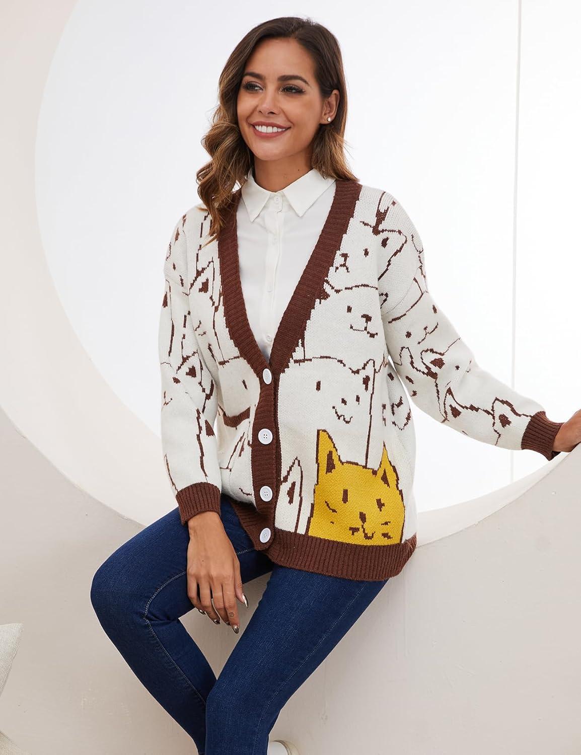 Arssm Cat Sweater for Women Oversized Button Down V Neck Knit Cardigan Cute Kawaii Cartoon Print Sweater Fall Clothes(Brown)