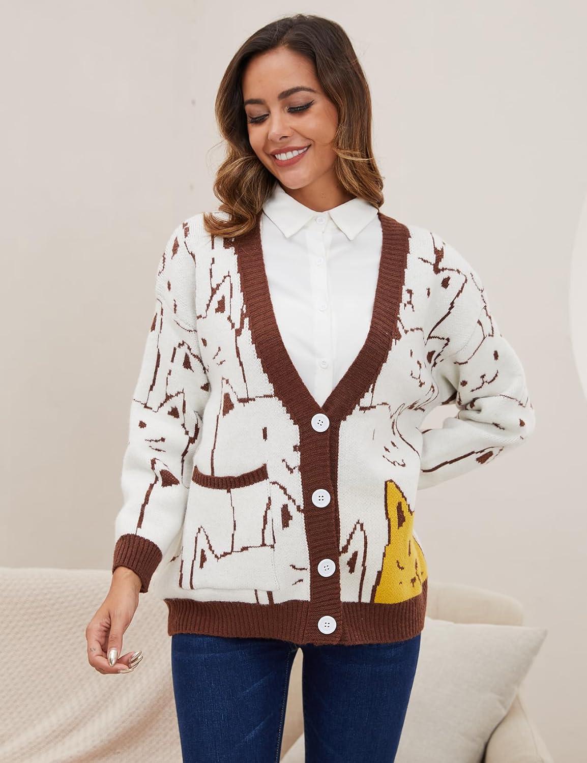 Arssm Cat Sweater for Women Oversized Button Down V Neck Knit Cardigan Cute Kawaii Cartoon Print Sweater Fall Clothes(Brown)