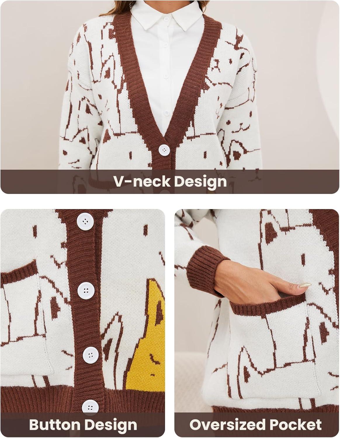 Arssm Cat Sweater for Women Oversized Button Down V Neck Knit Cardigan Cute Kawaii Cartoon Print Sweater Fall Clothes(Brown)