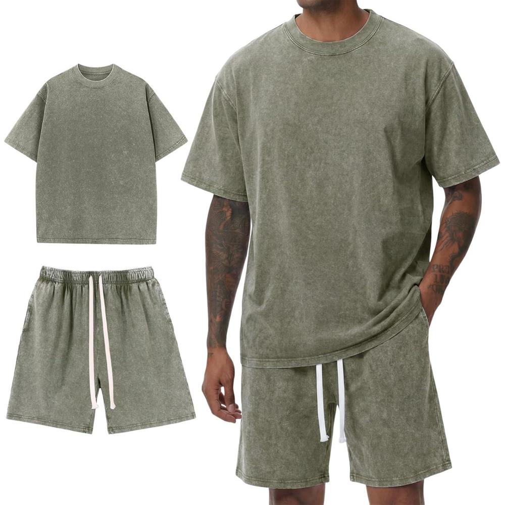 Arssm Mens Short Sets Outfits 2 Piece Summer Outfits Oversized T-Shirt Shorts Set Acid Wash Short Sleeve Tracksuit(Army)