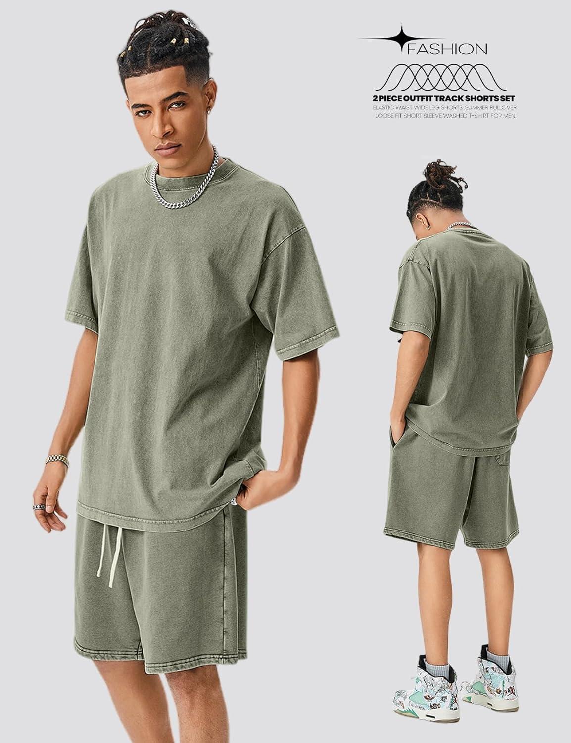 Arssm Mens Short Sets Outfits 2 Piece Summer Outfits Oversized T-Shirt Shorts Set Acid Wash Short Sleeve Tracksuit(Army)