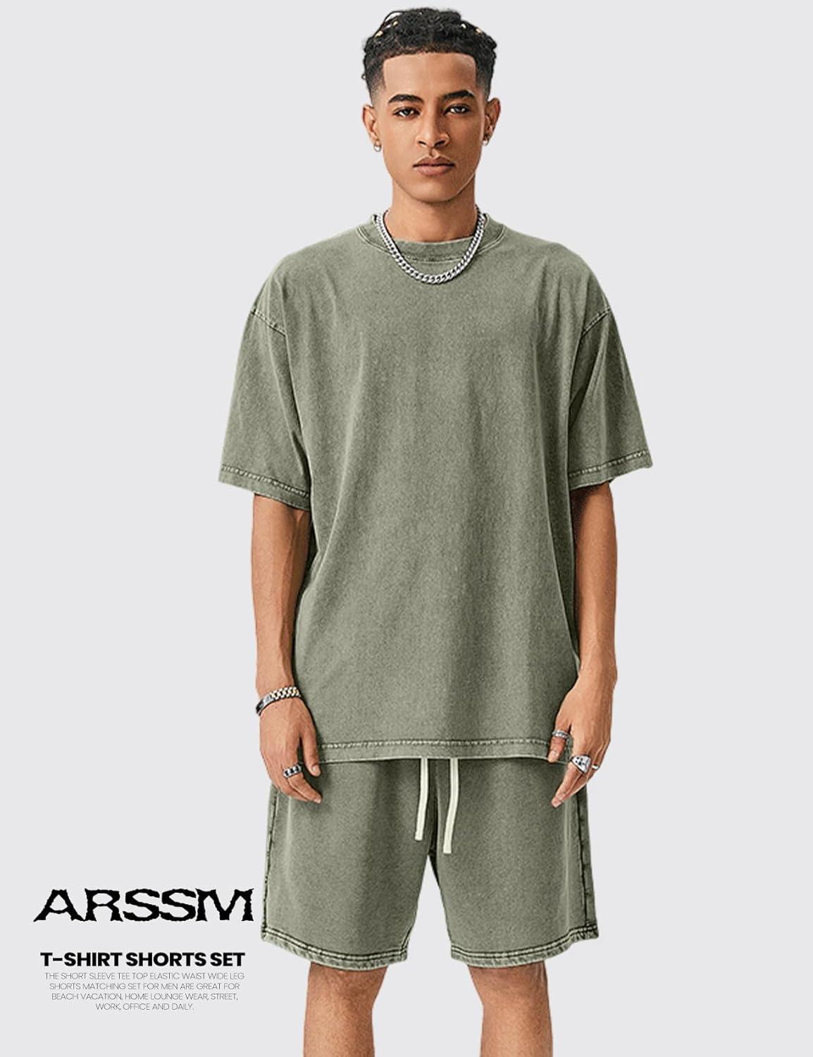 Arssm Mens Short Sets Outfits 2 Piece Summer Outfits Oversized T-Shirt Shorts Set Acid Wash Short Sleeve Tracksuit(Army)