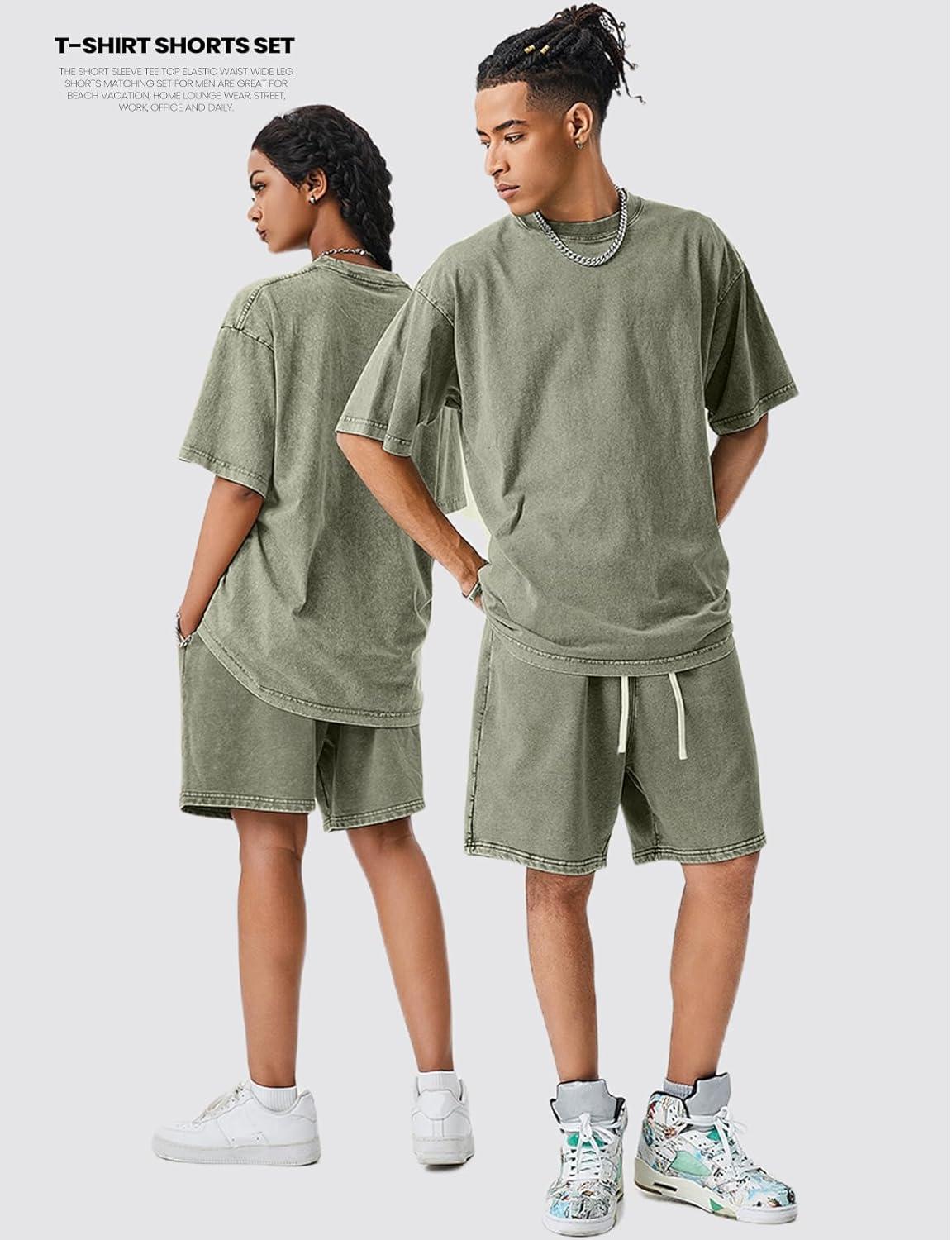Arssm Mens Short Sets Outfits 2 Piece Summer Outfits Oversized T-Shirt Shorts Set Acid Wash Short Sleeve Tracksuit(Army)