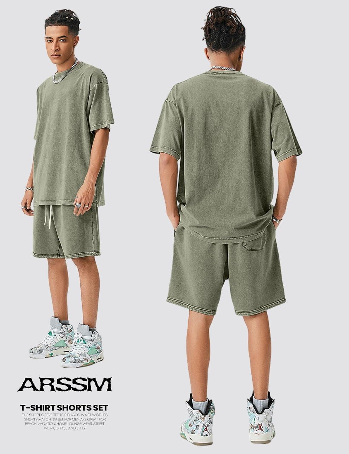 Arssm Mens Short Sets Outfits 2 Piece Summer Outfits Oversized T-Shirt Shorts Set Acid Wash Short Sleeve Tracksuit(Army)
