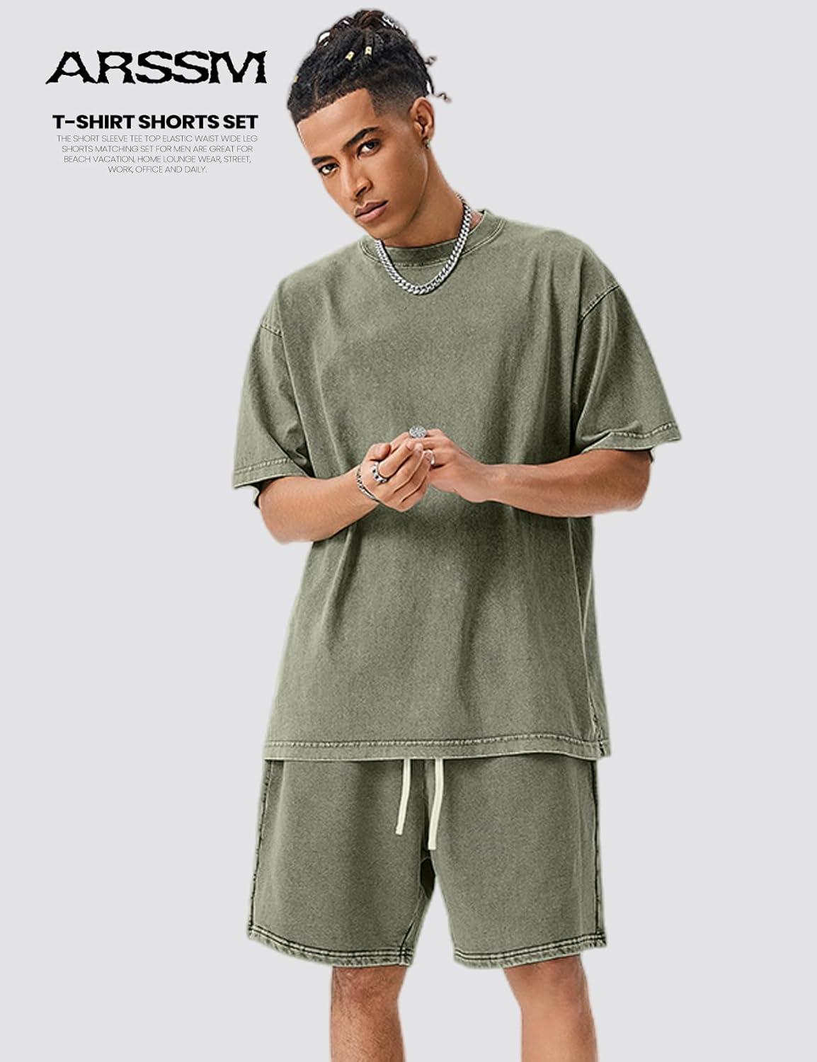 Arssm Mens Short Sets Outfits 2 Piece Summer Outfits Oversized T-Shirt Shorts Set Acid Wash Short Sleeve Tracksuit(Army)