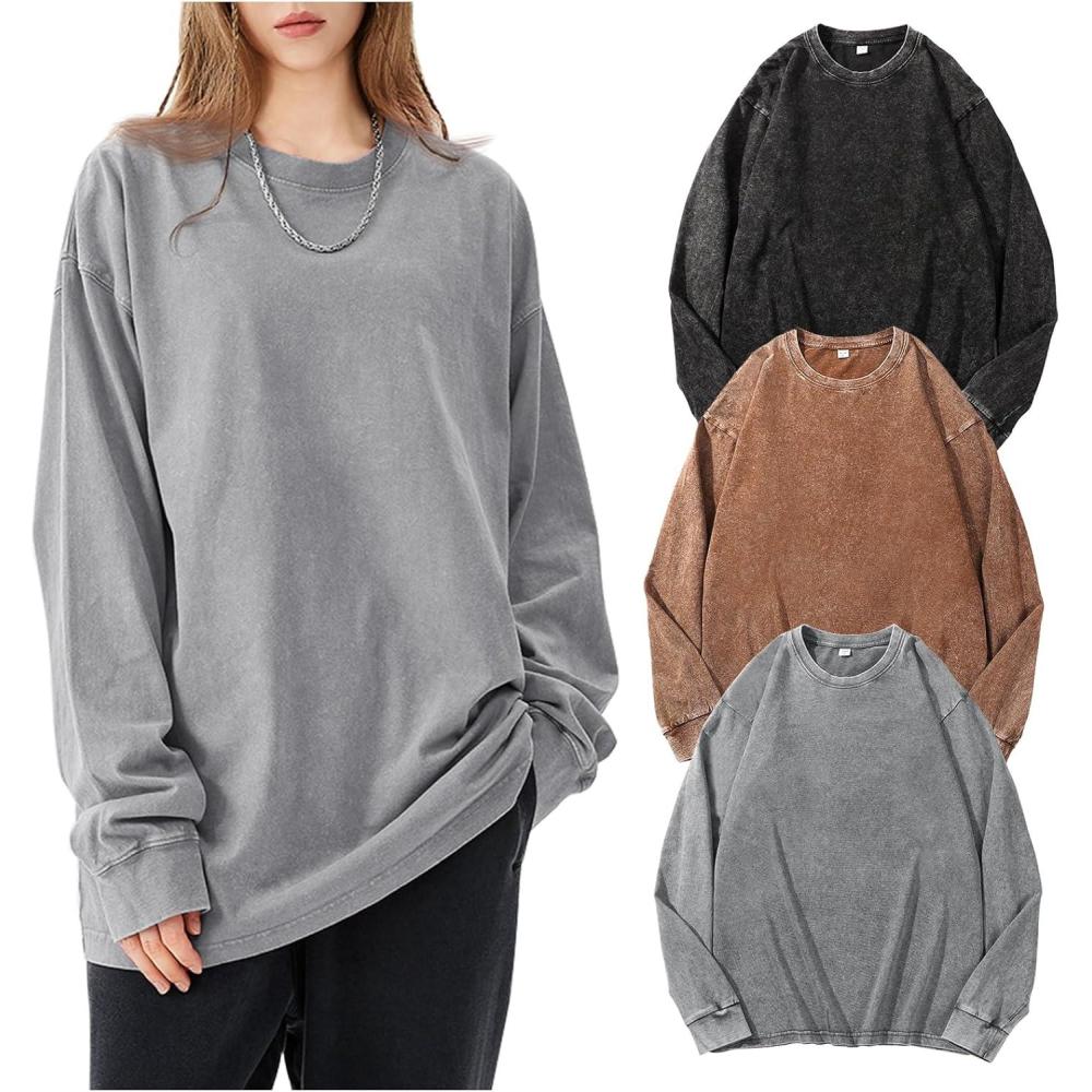 Arssm Oversized T-Shirts for Women Cotton Long Sleeve Vintage Acid Wash Baggy T Shirts(Black+grey+khaki)