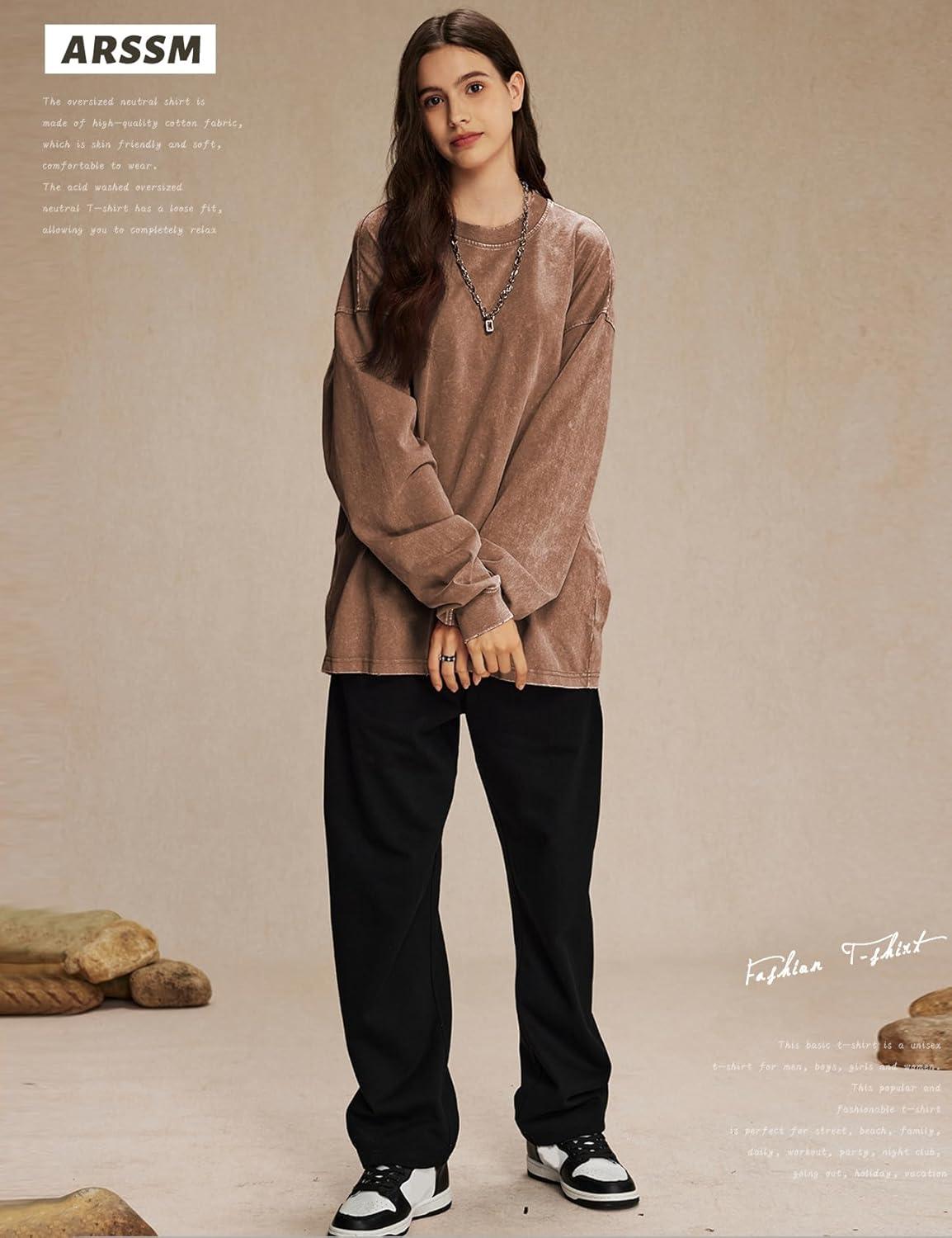 Arssm Oversized T-Shirts for Women Cotton Long Sleeve Vintage Acid Wash Baggy T Shirts(Black+grey+khaki)