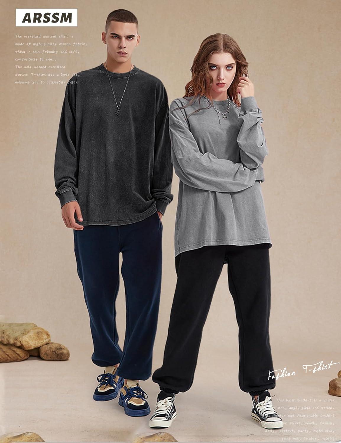 Arssm Oversized T-Shirts for Women Cotton Long Sleeve Vintage Acid Wash Baggy T Shirts(Black+grey+khaki)