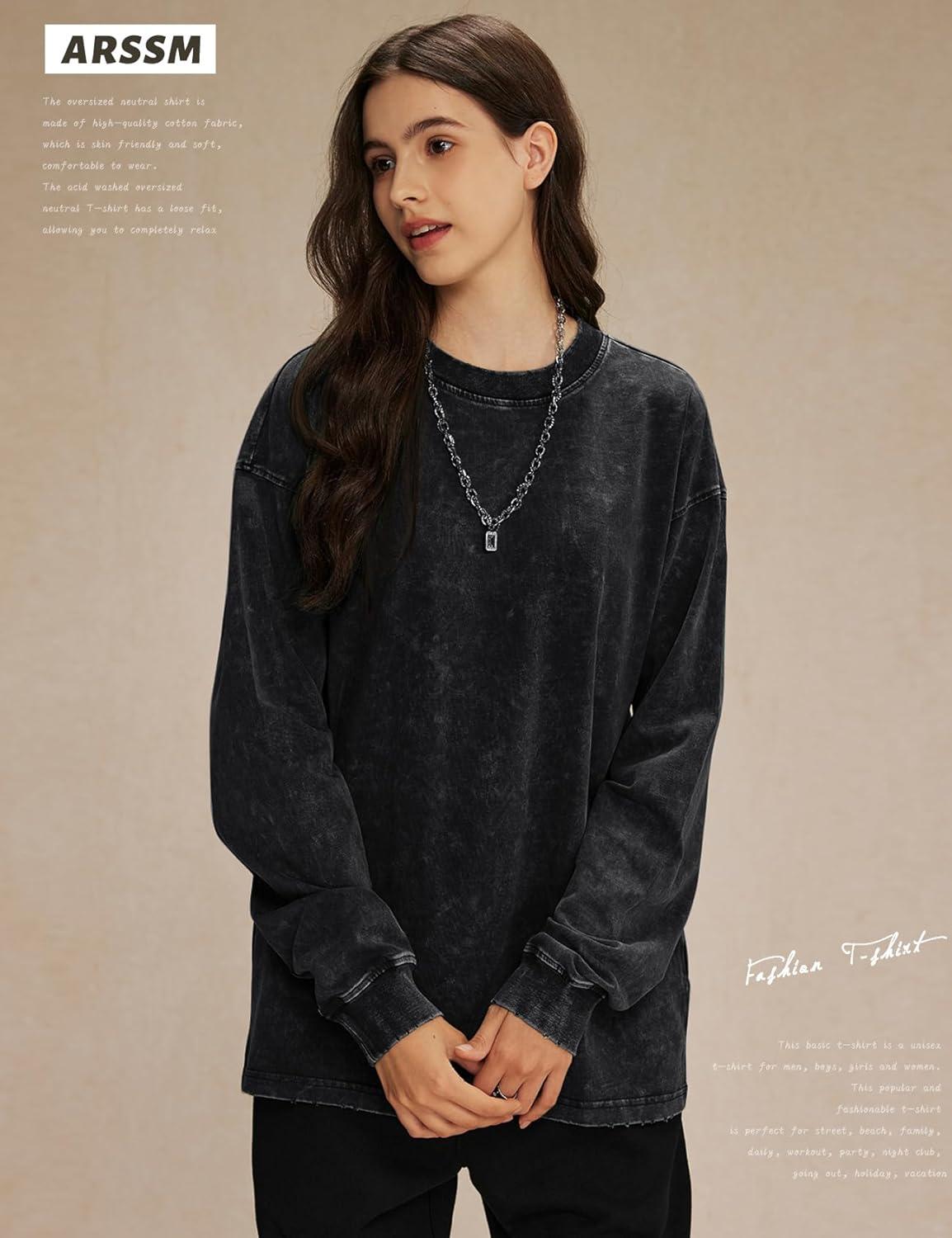 Arssm Oversized T-Shirts for Women Cotton Long Sleeve Vintage Acid Wash Baggy T Shirts(Black+grey+khaki)