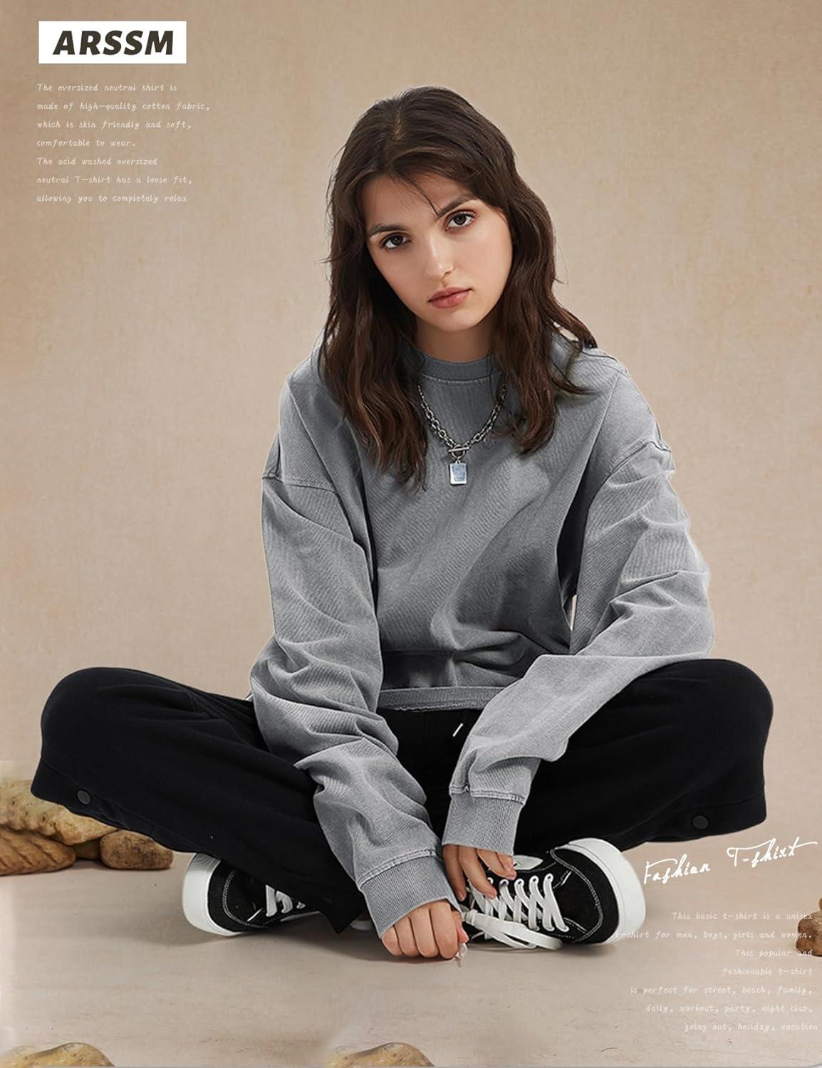 Arssm Oversized T-Shirts for Women Cotton Long Sleeve Vintage Acid Wash Baggy T Shirts(Black+grey+khaki)