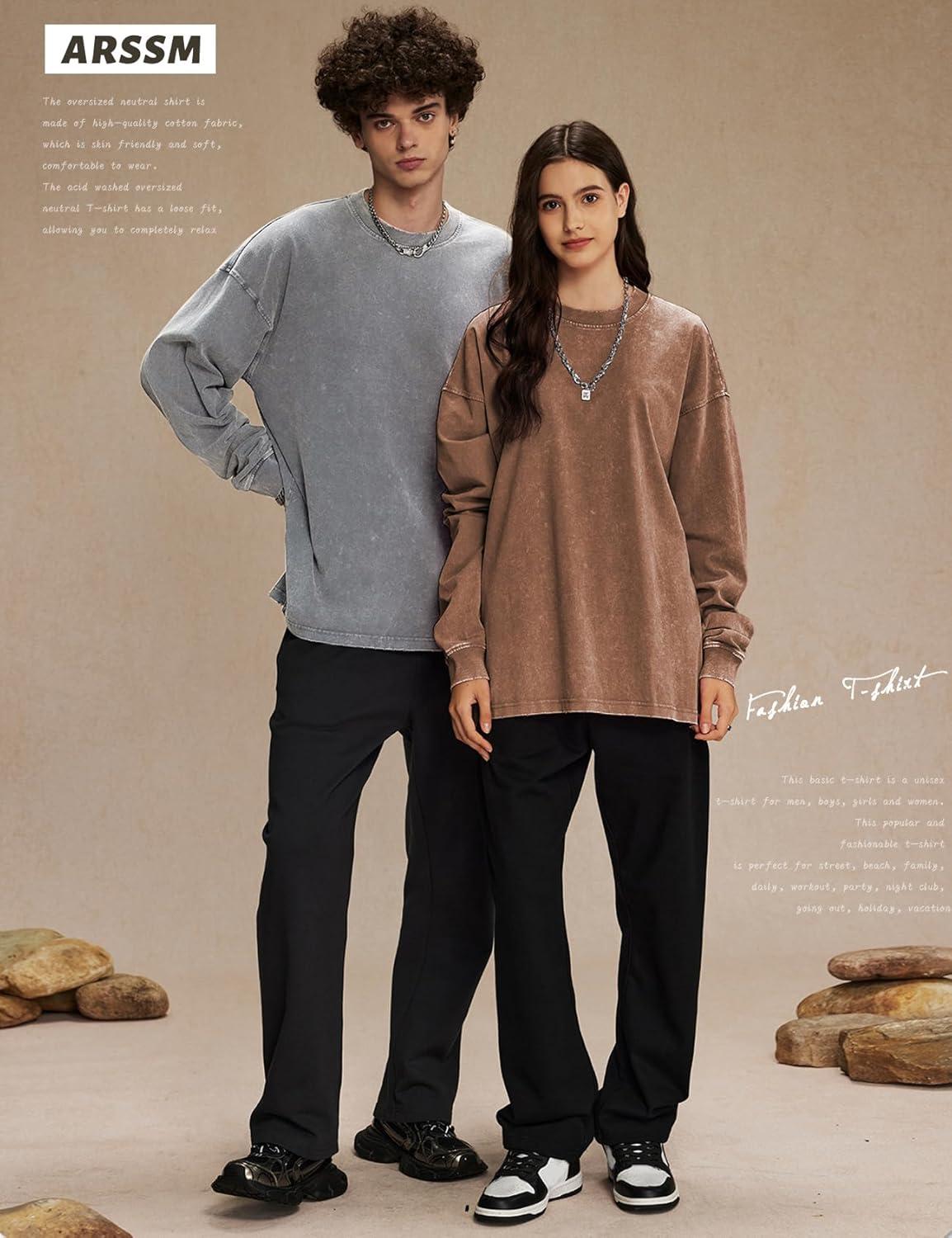 Arssm Oversized T-Shirts for Women Cotton Long Sleeve Vintage Acid Wash Baggy T Shirts(Black+grey+khaki)