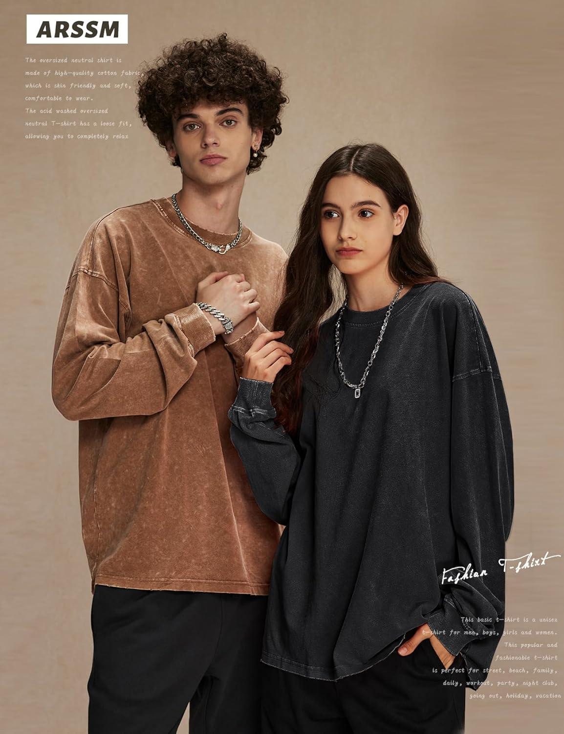 Arssm Oversized T-Shirts for Women Cotton Long Sleeve Vintage Acid Wash Baggy T Shirts(Black+grey+khaki)