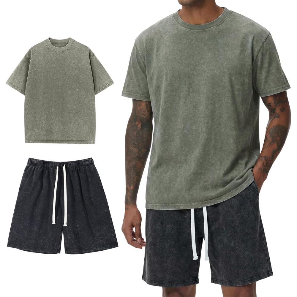 Arssm Mens Short Sets Outfits 2 Piece Summer Outfits Oversized T-Shirt Shorts Set Acid Wash Short Sleeve Tracksuit(Armyblack)