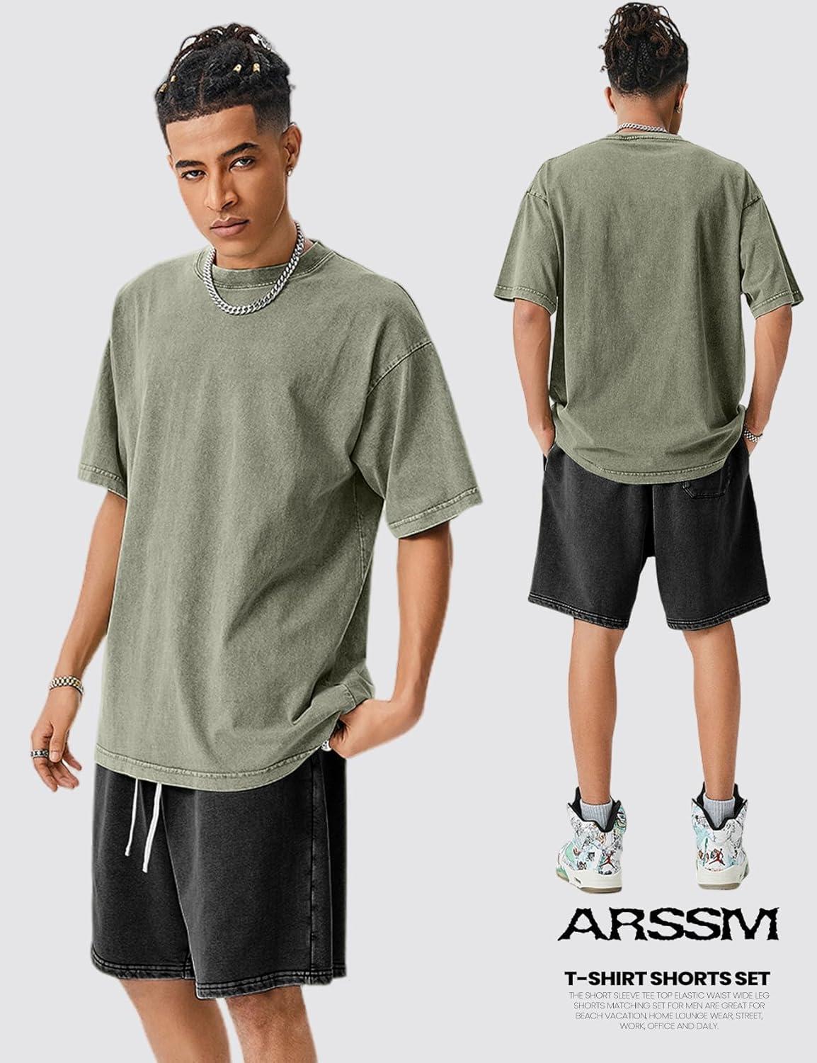 Arssm Mens Short Sets Outfits 2 Piece Summer Outfits Oversized T-Shirt Shorts Set Acid Wash Short Sleeve Tracksuit(Armyblack)