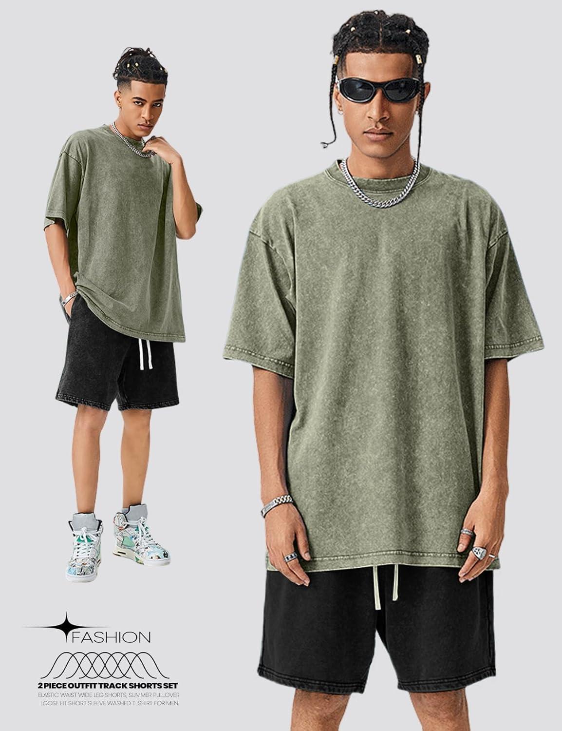 Arssm Mens Short Sets Outfits 2 Piece Summer Outfits Oversized T-Shirt Shorts Set Acid Wash Short Sleeve Tracksuit(Armyblack)