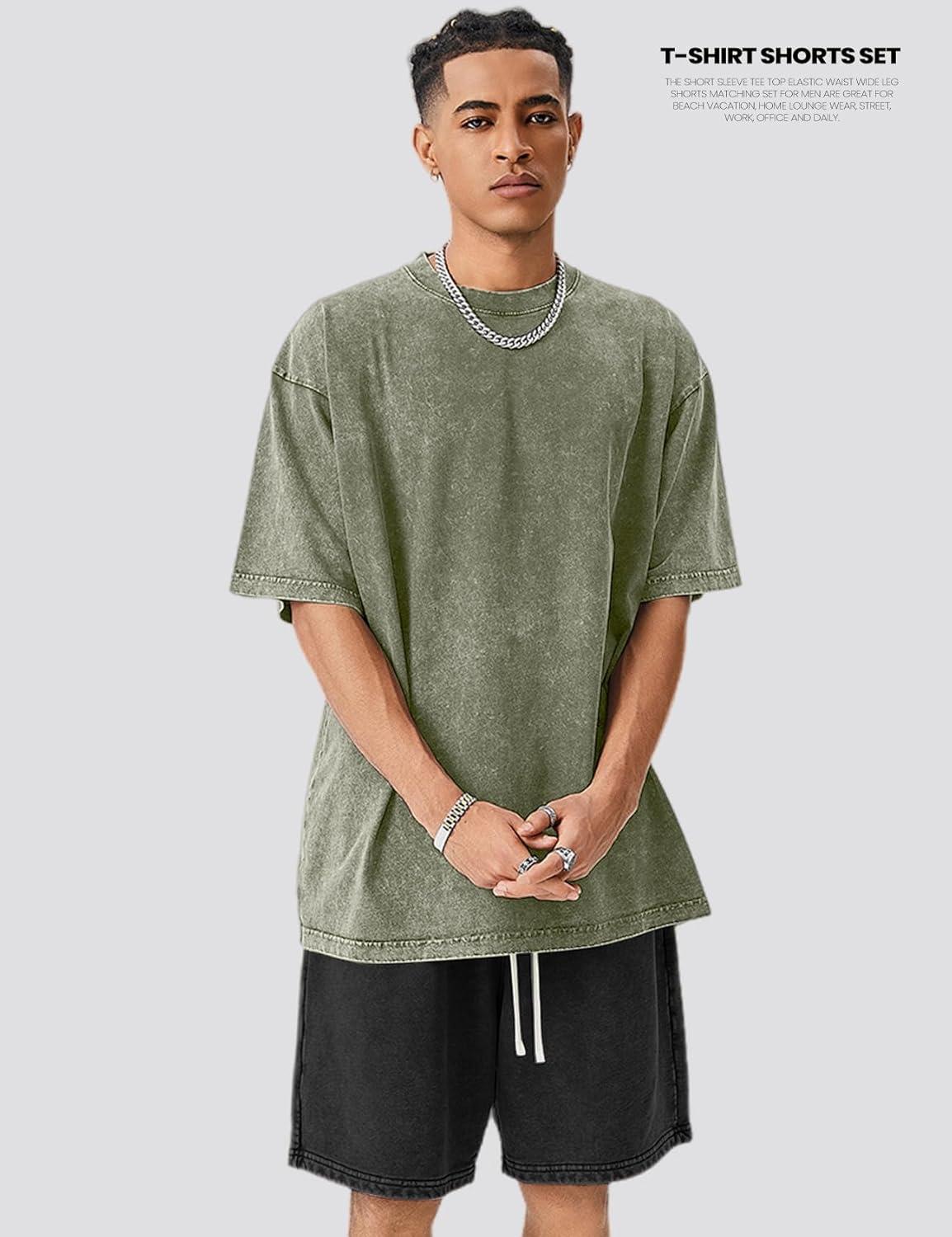 Arssm Mens Short Sets Outfits 2 Piece Summer Outfits Oversized T-Shirt Shorts Set Acid Wash Short Sleeve Tracksuit(Armyblack)