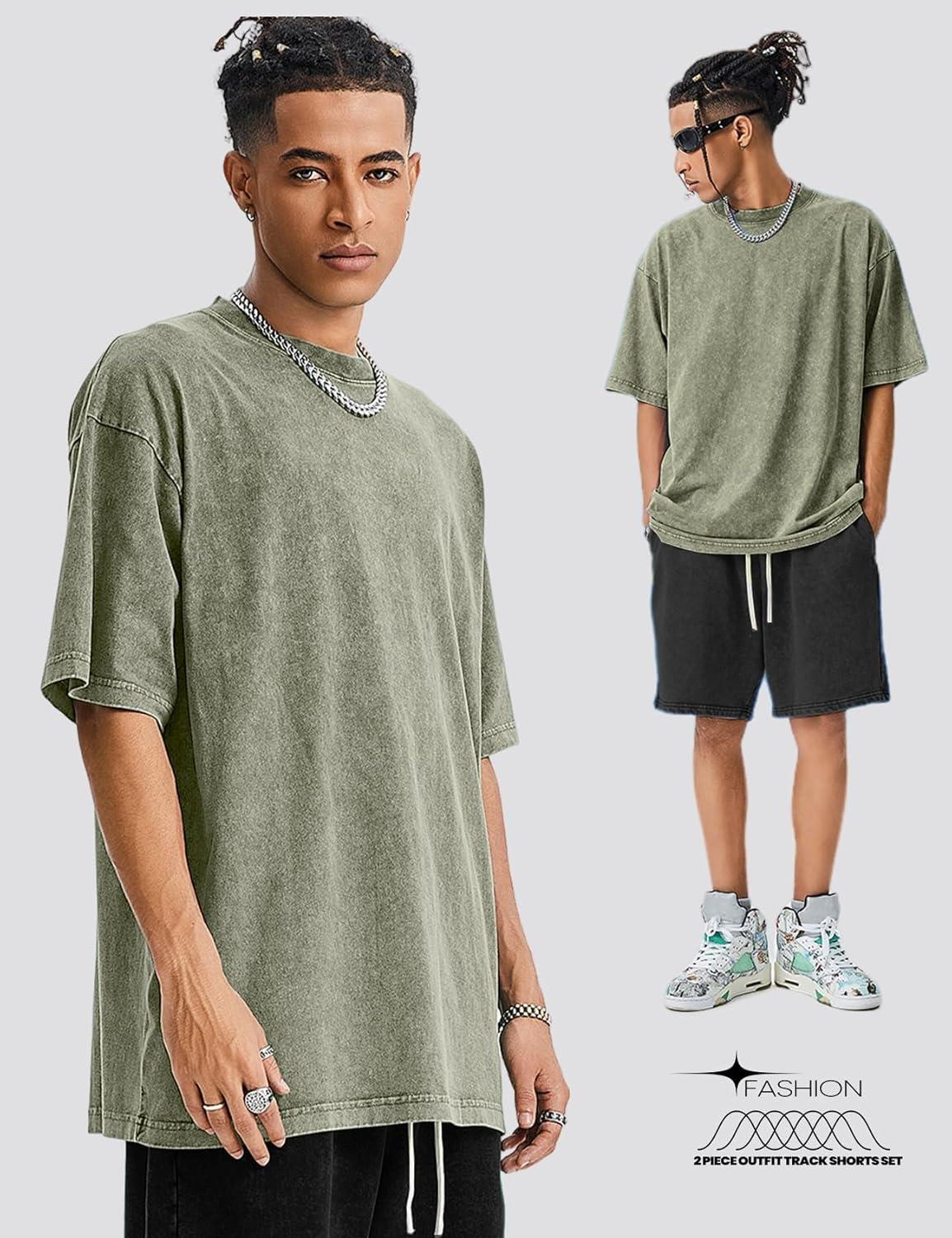 Arssm Mens Short Sets Outfits 2 Piece Summer Outfits Oversized T-Shirt Shorts Set Acid Wash Short Sleeve Tracksuit(Armyblack)