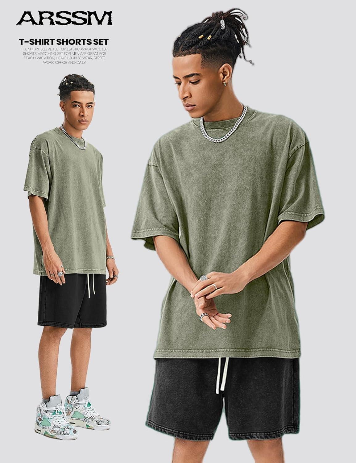 Arssm Mens Short Sets Outfits 2 Piece Summer Outfits Oversized T-Shirt Shorts Set Acid Wash Short Sleeve Tracksuit(Armyblack)