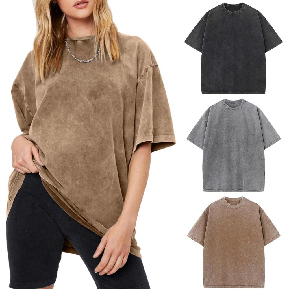 Arssm Women Oversized T Shirts Acid Washed Cotton Tees Vintage Baggy Loose Fit Streetwear Workout Tops(Black+grey+khaki)