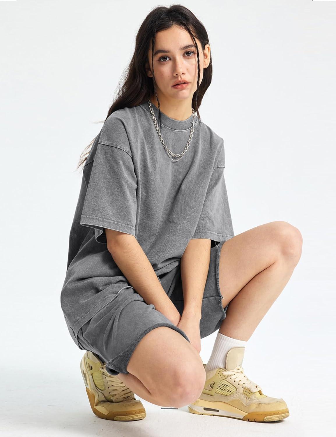 Arssm Women Oversized T Shirts Acid Washed Cotton Tees Vintage Baggy Loose Fit Streetwear Workout Tops(Black+grey+khaki)