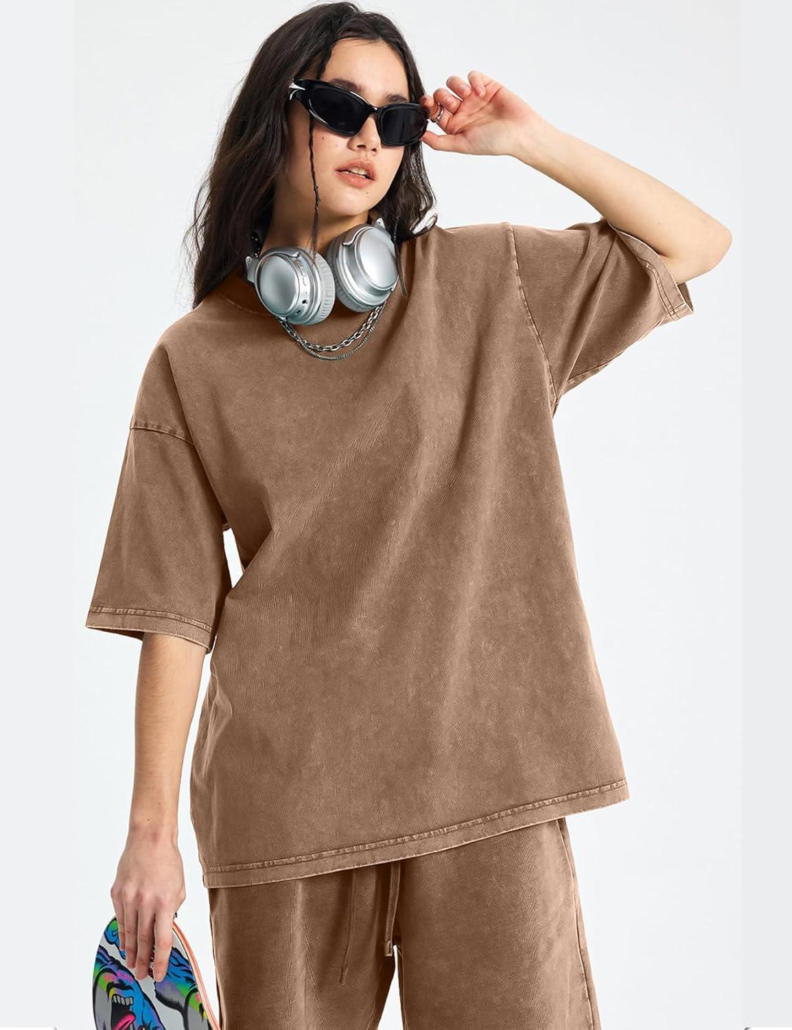 Arssm Women Oversized T Shirts Acid Washed Cotton Tees Vintage Baggy Loose Fit Streetwear Workout Tops(Black+grey+khaki)