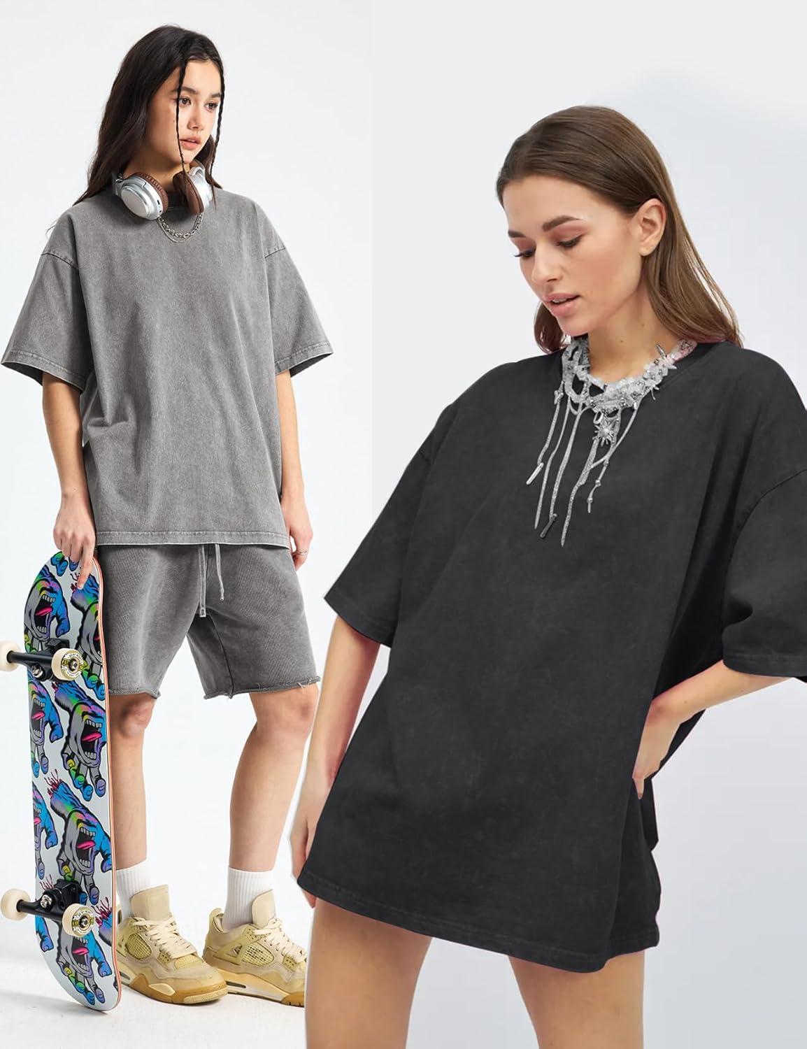 Arssm Women Oversized T Shirts Acid Washed Cotton Tees Vintage Baggy Loose Fit Streetwear Workout Tops(Black+grey+khaki)