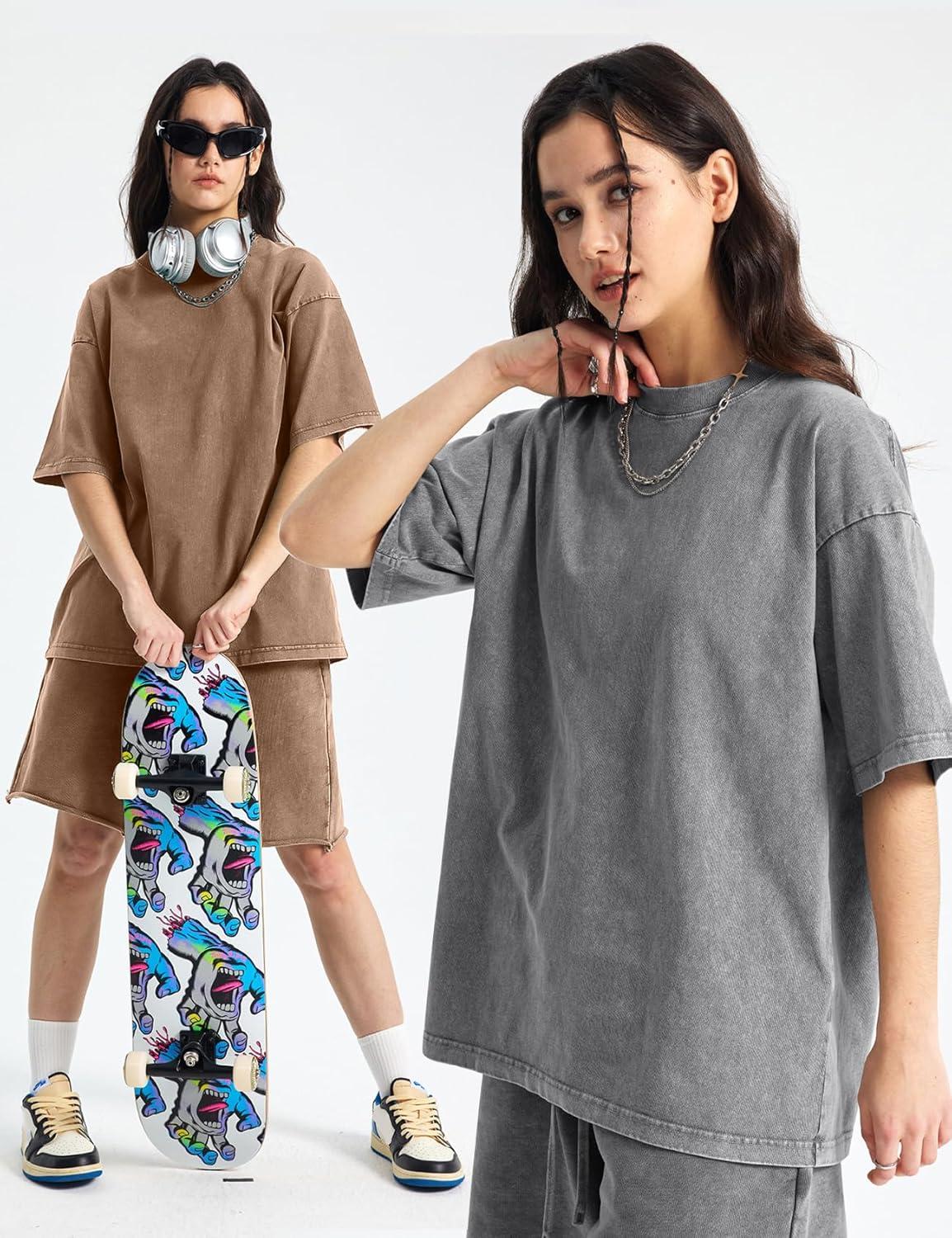 Arssm Women Oversized T Shirts Acid Washed Cotton Tees Vintage Baggy Loose Fit Streetwear Workout Tops(Black+grey+khaki)
