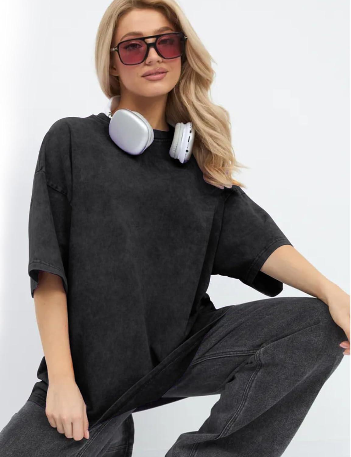 Arssm Women Oversized T Shirts Acid Washed Cotton Tees Vintage Baggy Loose Fit Streetwear Workout Tops(Black+grey+khaki)