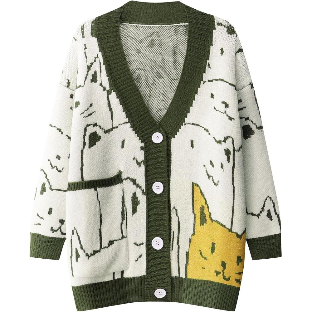 Arssm Cat Sweater for Women Oversized Button Down V Neck Knit Cardigan Cute Kawaii Cartoon Print Sweater Fall Clothes(Armygreen)