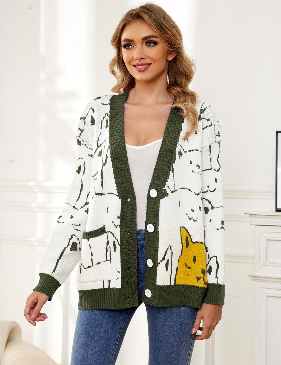 Arssm Cat Sweater for Women Oversized Button Down V Neck Knit Cardigan Cute Kawaii Cartoon Print Sweater Fall Clothes(Armygreen)
