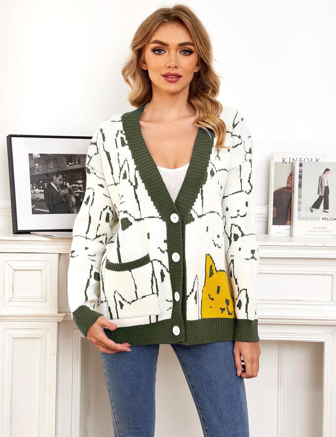 Arssm Cat Sweater for Women Oversized Button Down V Neck Knit Cardigan Cute Kawaii Cartoon Print Sweater Fall Clothes(Armygreen)