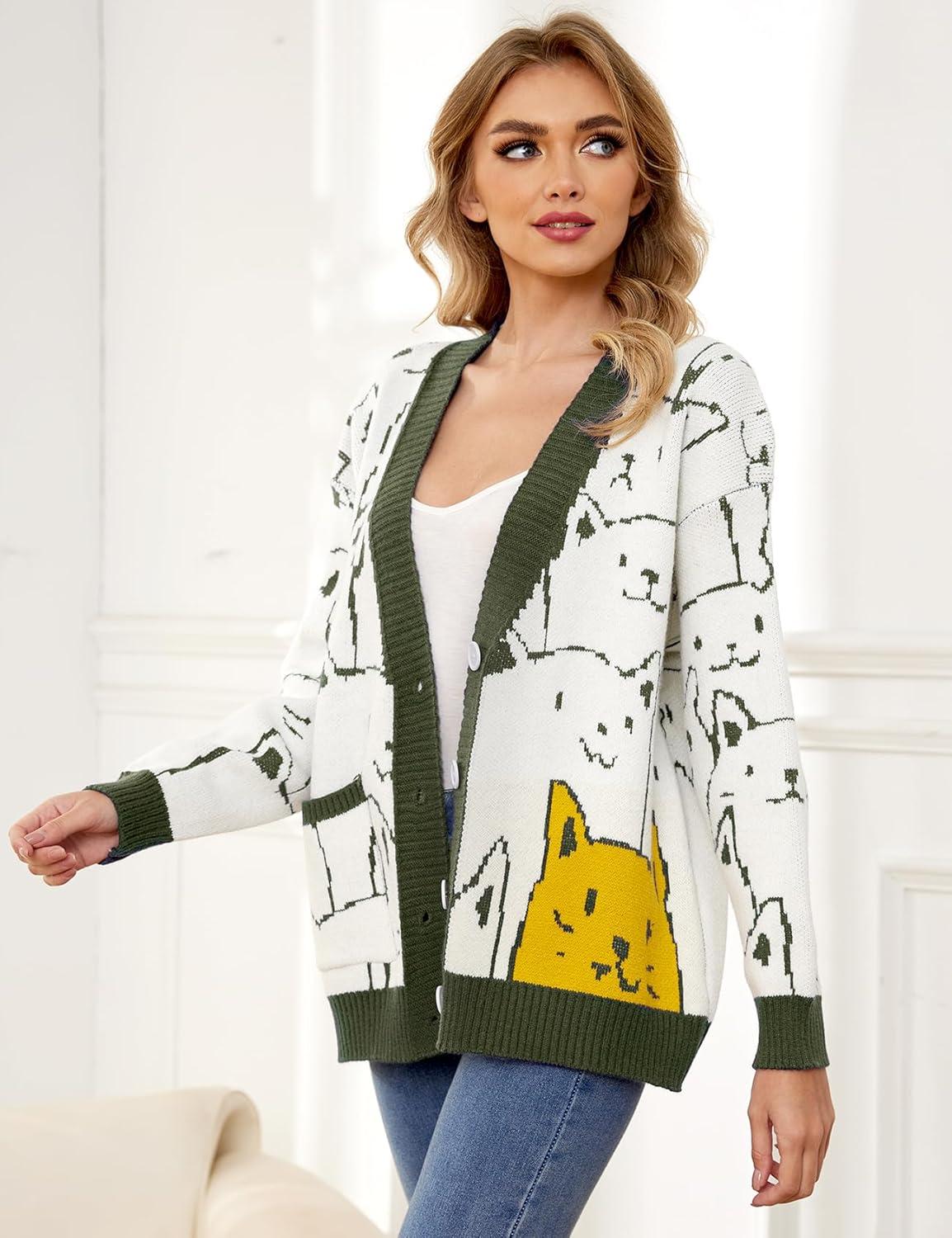 Arssm Cat Sweater for Women Oversized Button Down V Neck Knit Cardigan Cute Kawaii Cartoon Print Sweater Fall Clothes(Armygreen)
