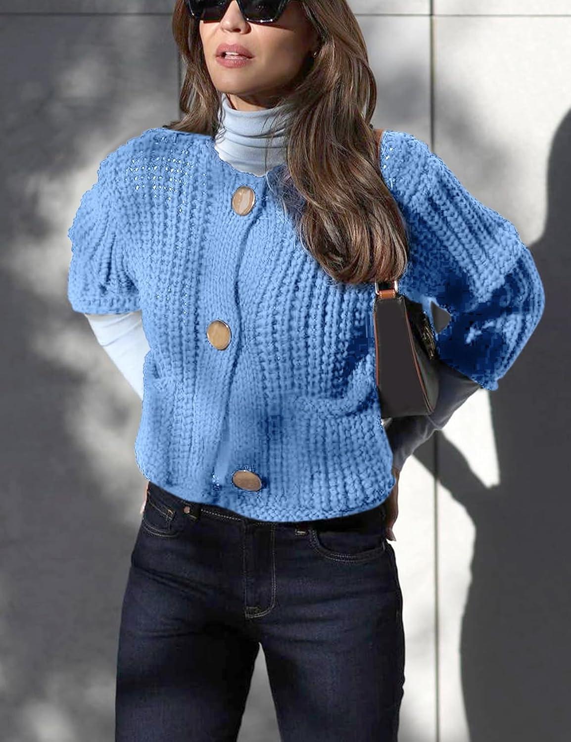 Arssm Womens Cropped Cardigan Sweaters Chunky Open Front Button Down Knit Sweater Long Sleeve Loose Cardigan Outerwear(Blue-S)