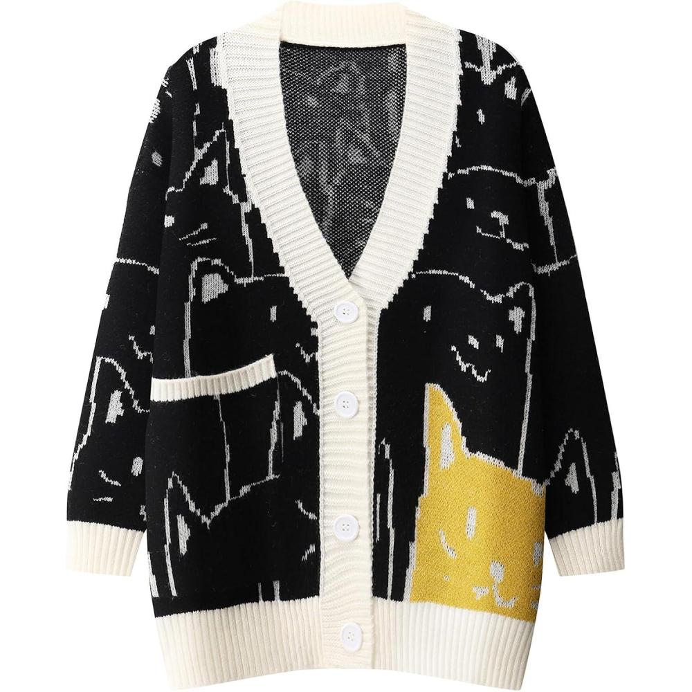 Arssm Cat Sweater for Women Oversized Button Down V Neck Knit Cardigan Cute Kawaii Cartoon Print Sweater Fall Clothes(A-black)