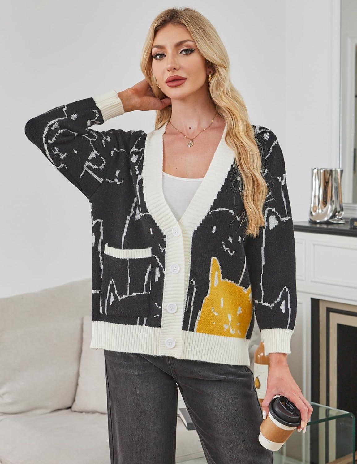 Arssm Cat Sweater for Women Oversized Button Down V Neck Knit Cardigan Cute Kawaii Cartoon Print Sweater Fall Clothes(A-black)