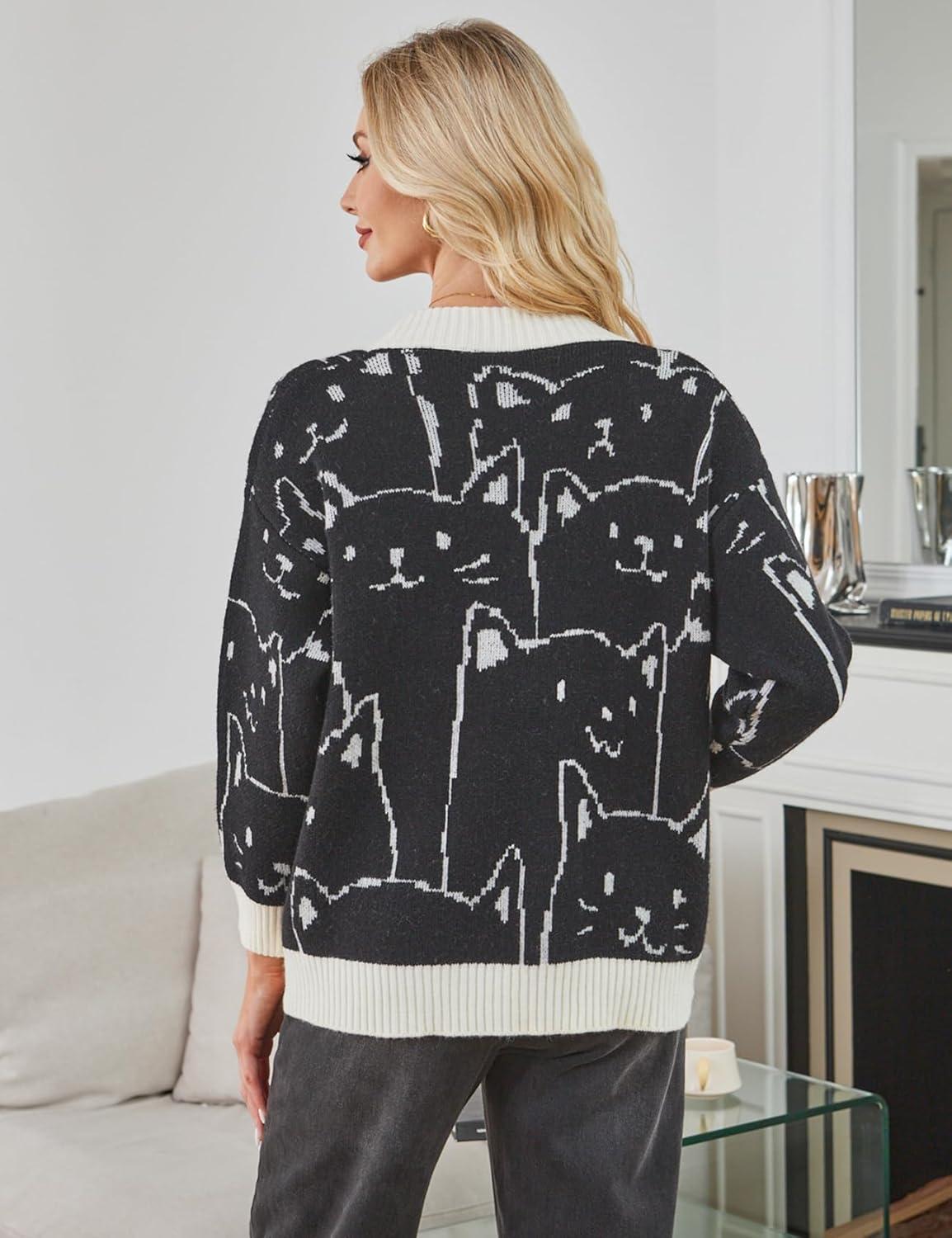 Arssm Cat Sweater for Women Oversized Button Down V Neck Knit Cardigan Cute Kawaii Cartoon Print Sweater Fall Clothes(A-black)