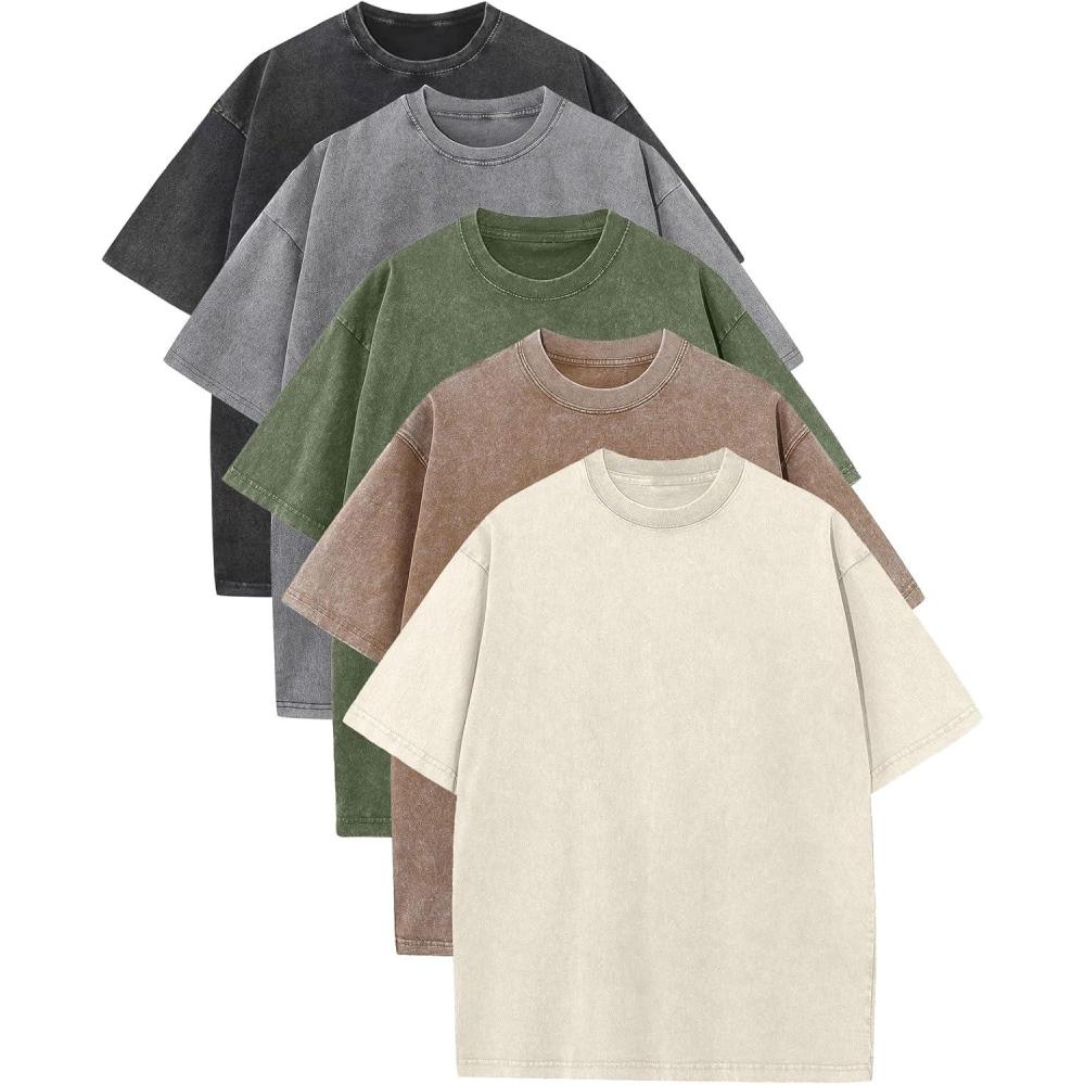 Arssm Mens Oversized T Shirts Cotton Acid Wash Baggy Tees Loose Fit Vintage Heavyweight T-Shirts(Black+beige+army+khaki+grey)