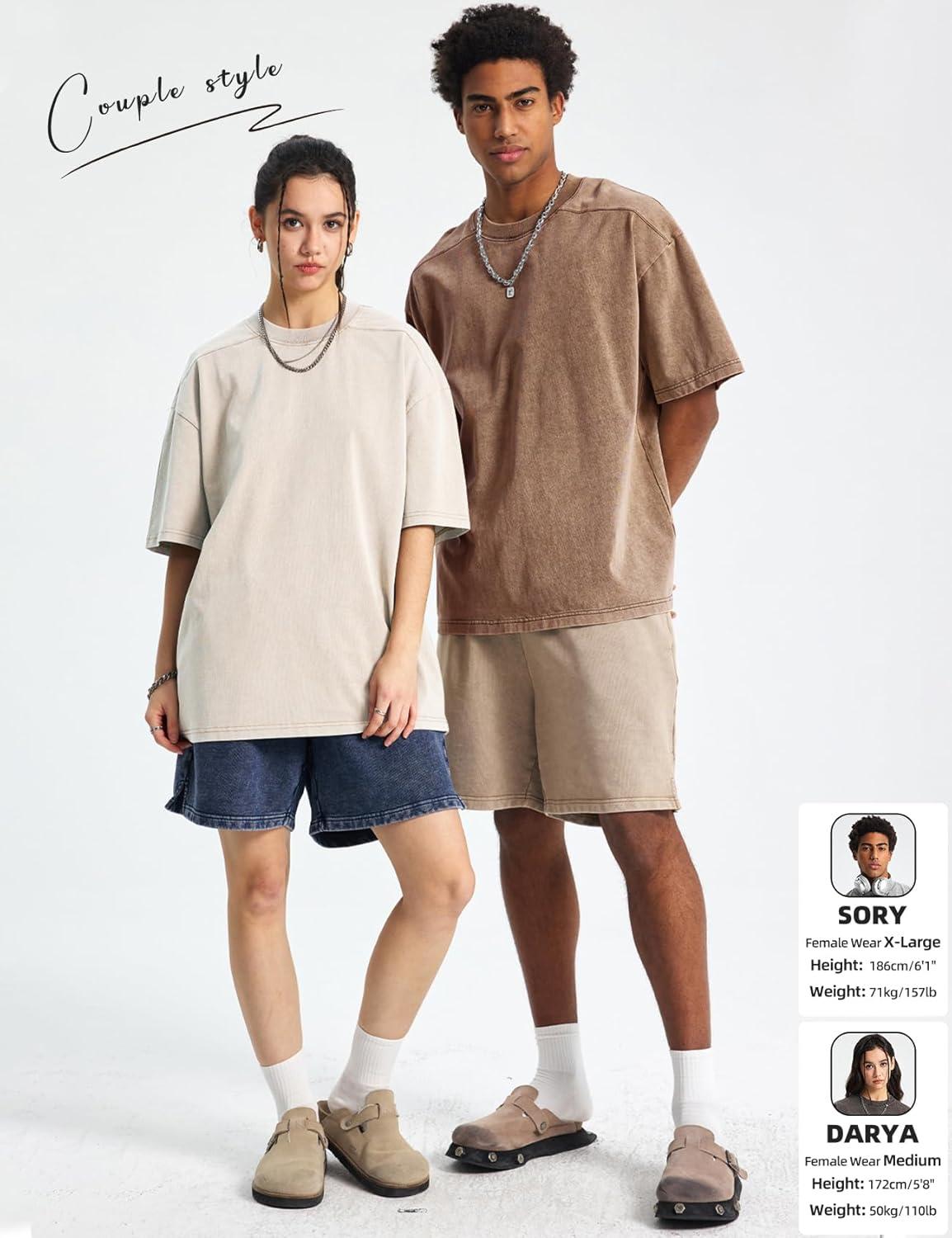 Arssm Mens Oversized T Shirts Cotton Acid Wash Baggy Tees Loose Fit Vintage Heavyweight T-Shirts(Black+beige+army+khaki+grey)