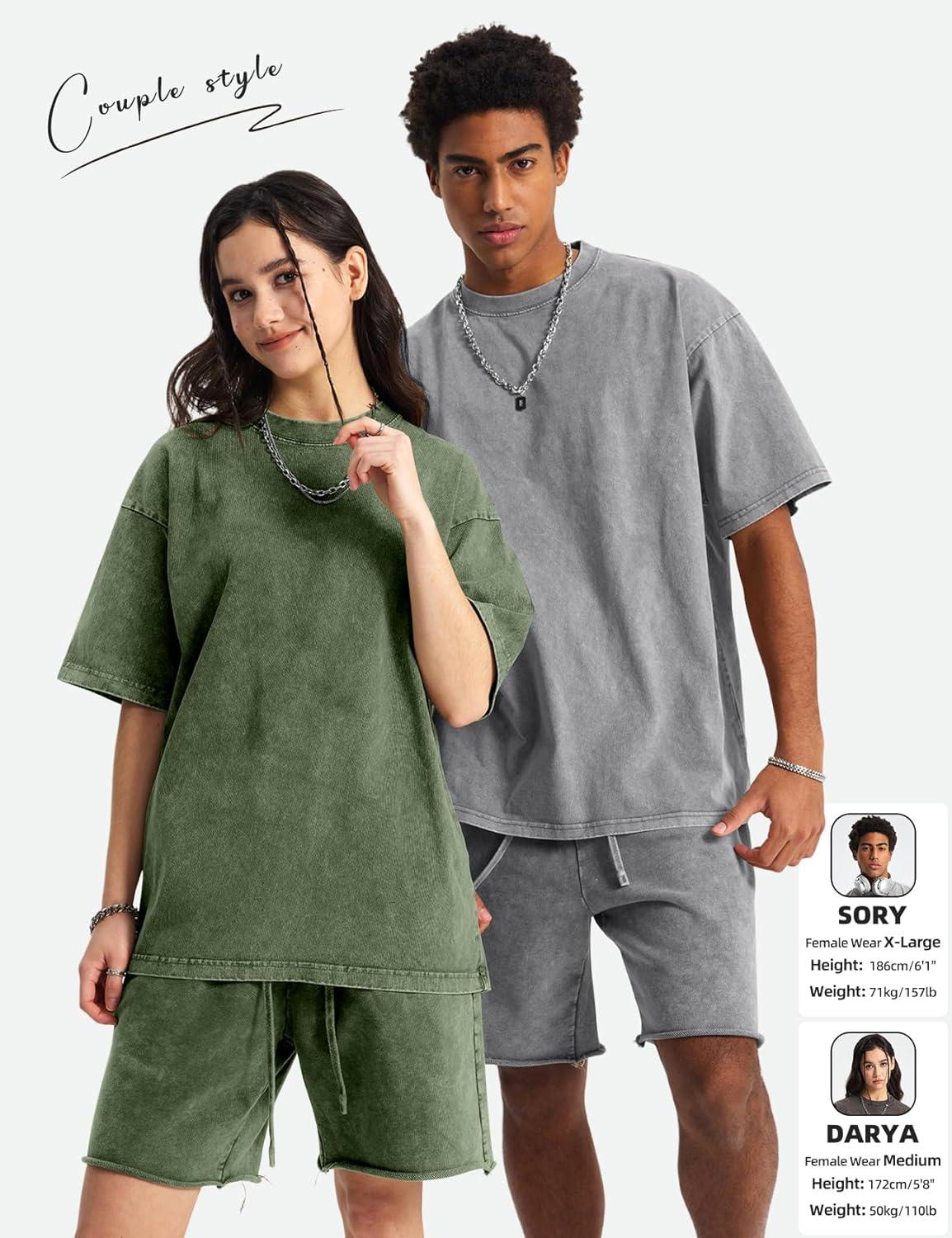 Arssm Mens Oversized T Shirts Cotton Acid Wash Baggy Tees Loose Fit Vintage Heavyweight T-Shirts(Black+beige+army+khaki+grey)