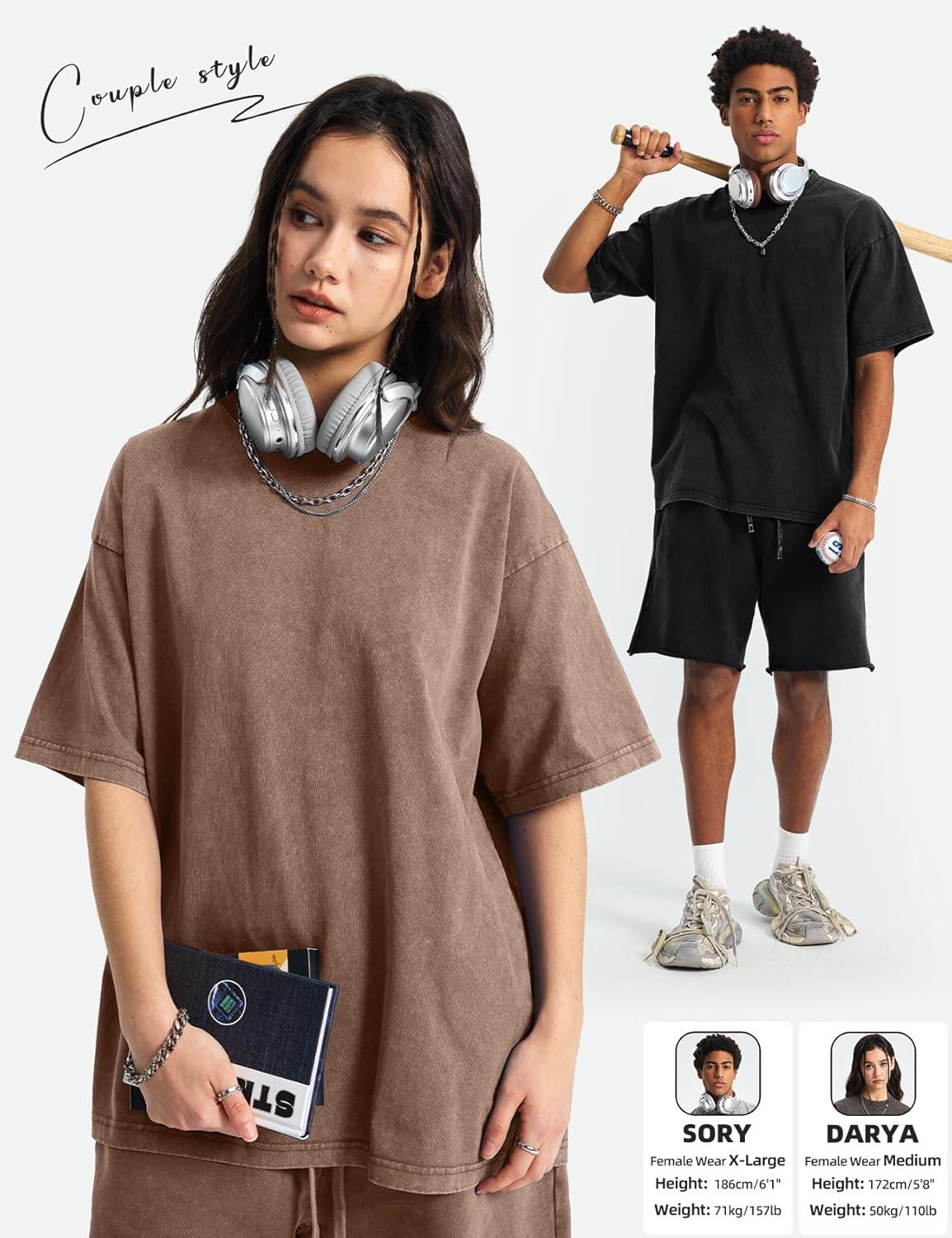 Arssm Mens Oversized T Shirts Cotton Acid Wash Baggy Tees Loose Fit Vintage Heavyweight T-Shirts(Black+beige+army+khaki+grey)
