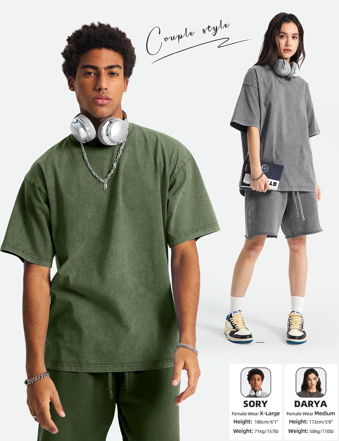 Arssm Mens Oversized T Shirts Cotton Acid Wash Baggy Tees Loose Fit Vintage Heavyweight T-Shirts(Black+beige+army+khaki+grey)